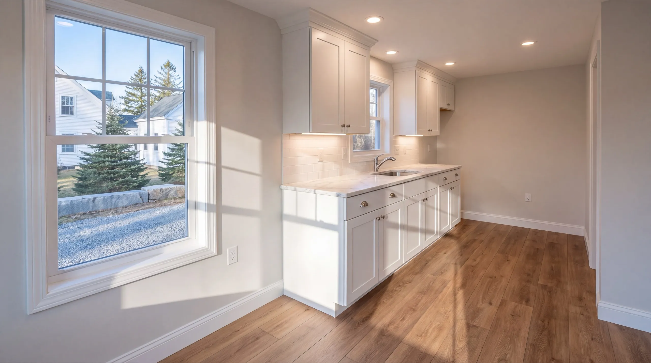 ADU builder Wiscasset Maine: finished galley of white cabinets with a sink along one wall by a window