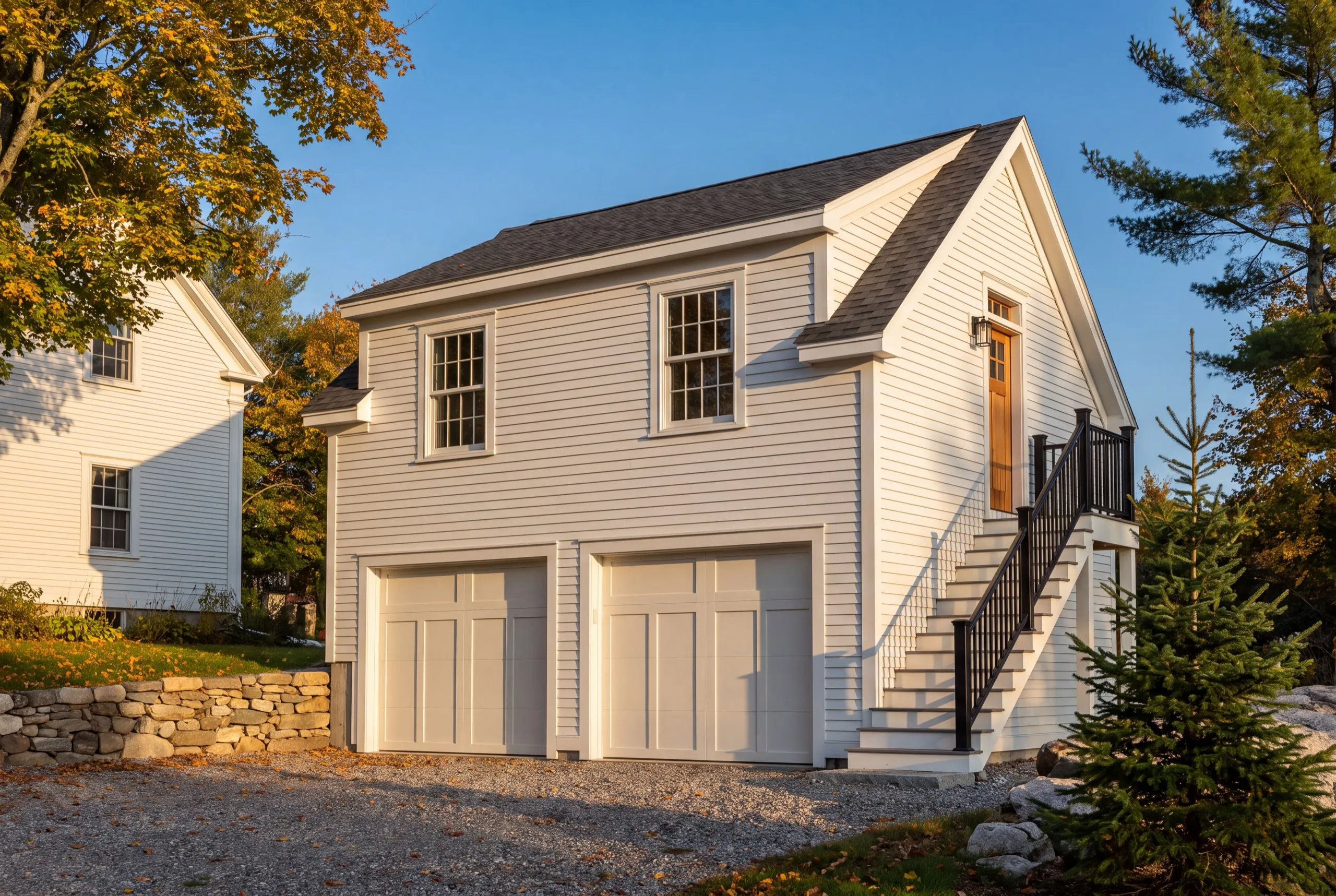 ADU builder Wiscasset Maine: finished cream two-bay garage with an apartment above beside an older white house
