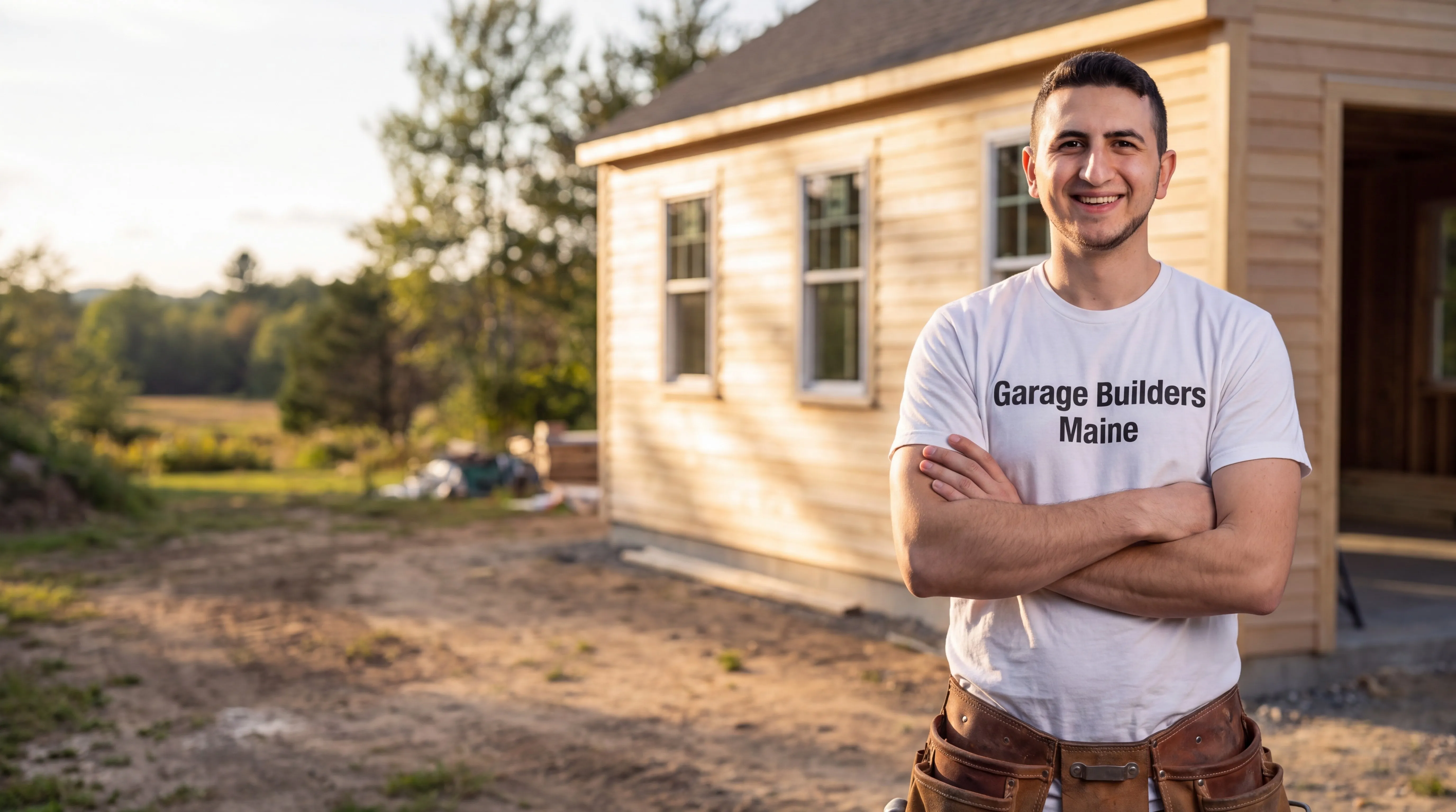 ADU builder Wiscasset Maine: owner with arms crossed beside a small building with new natural wood siding