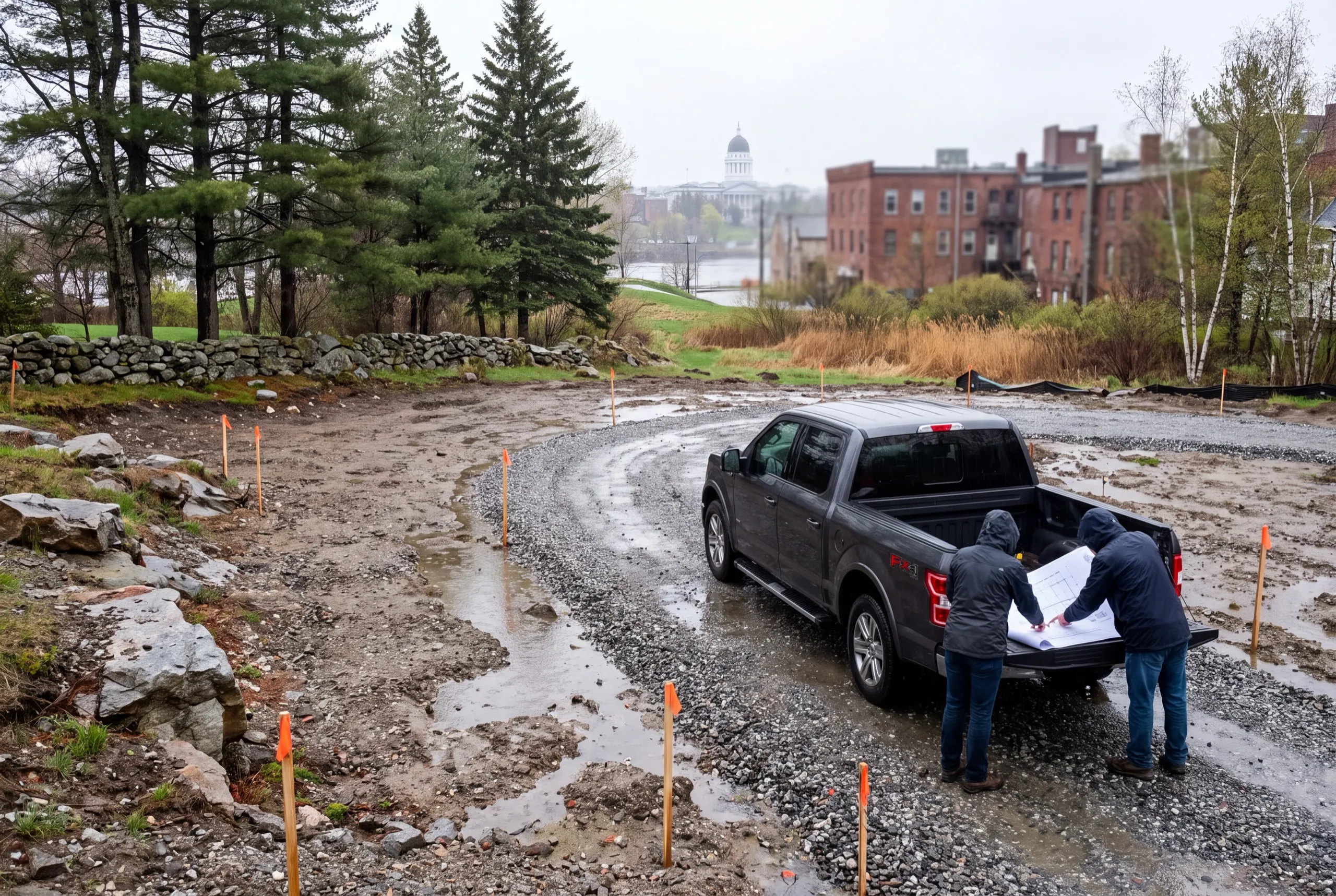 Two people reviewing a floor plan on a pickup tailgate at a staked lot in Augusta, Maine