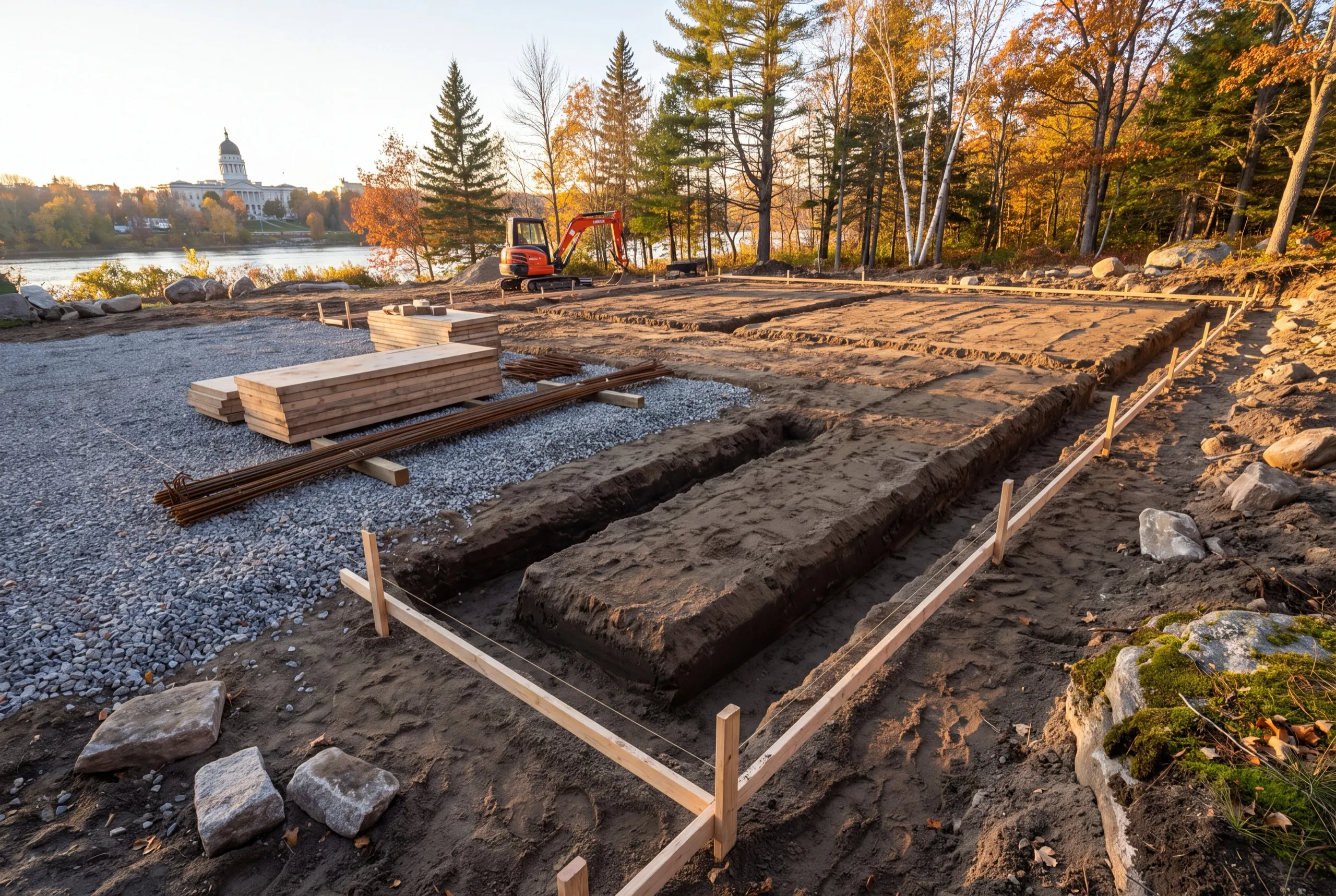 Footing trenches with string lines, rebar and lumber, a mini excavator parked beyond in Augusta, Maine