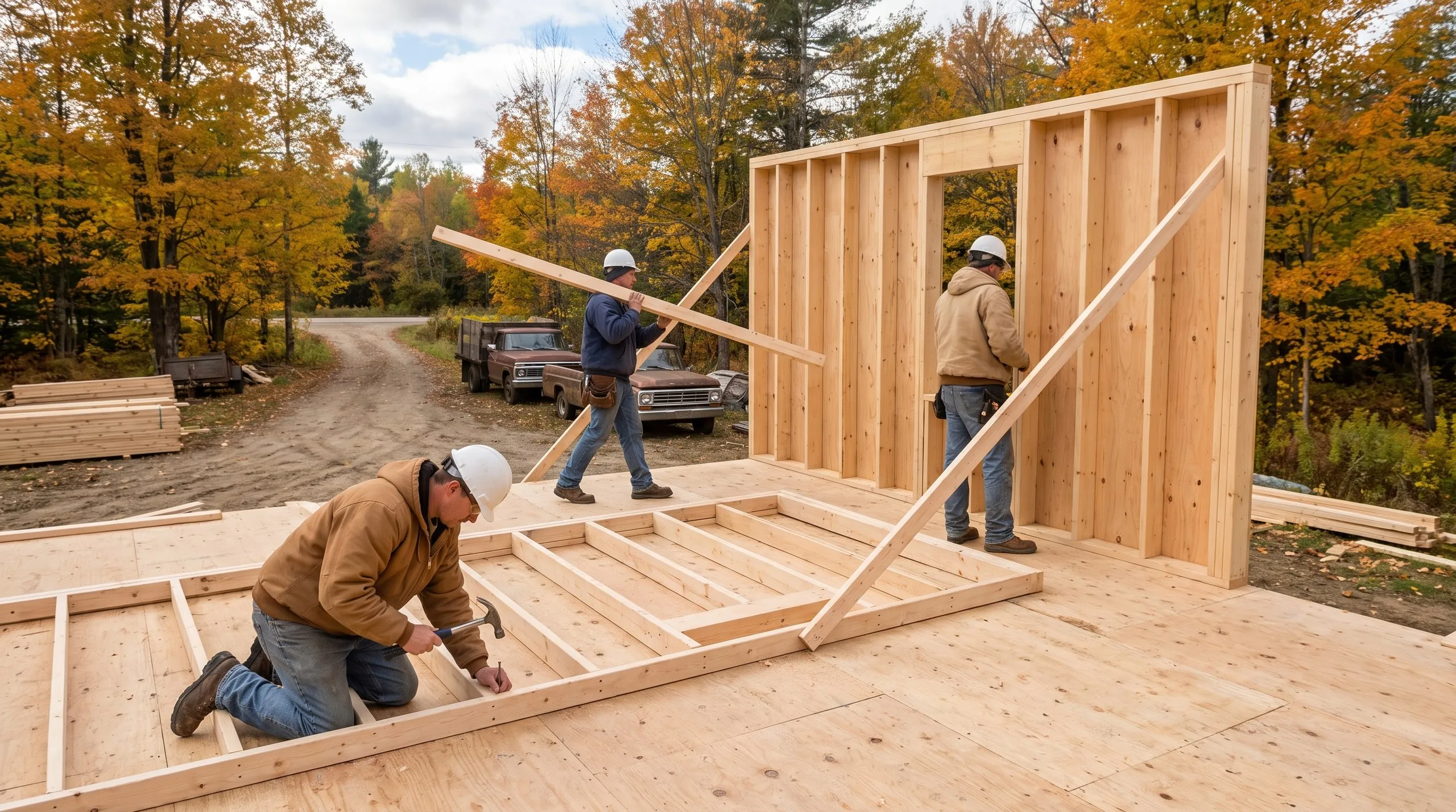 Residential home builder Augusta Maine: framing crew nailing a wall flat on the subfloor beside a braced raised wall