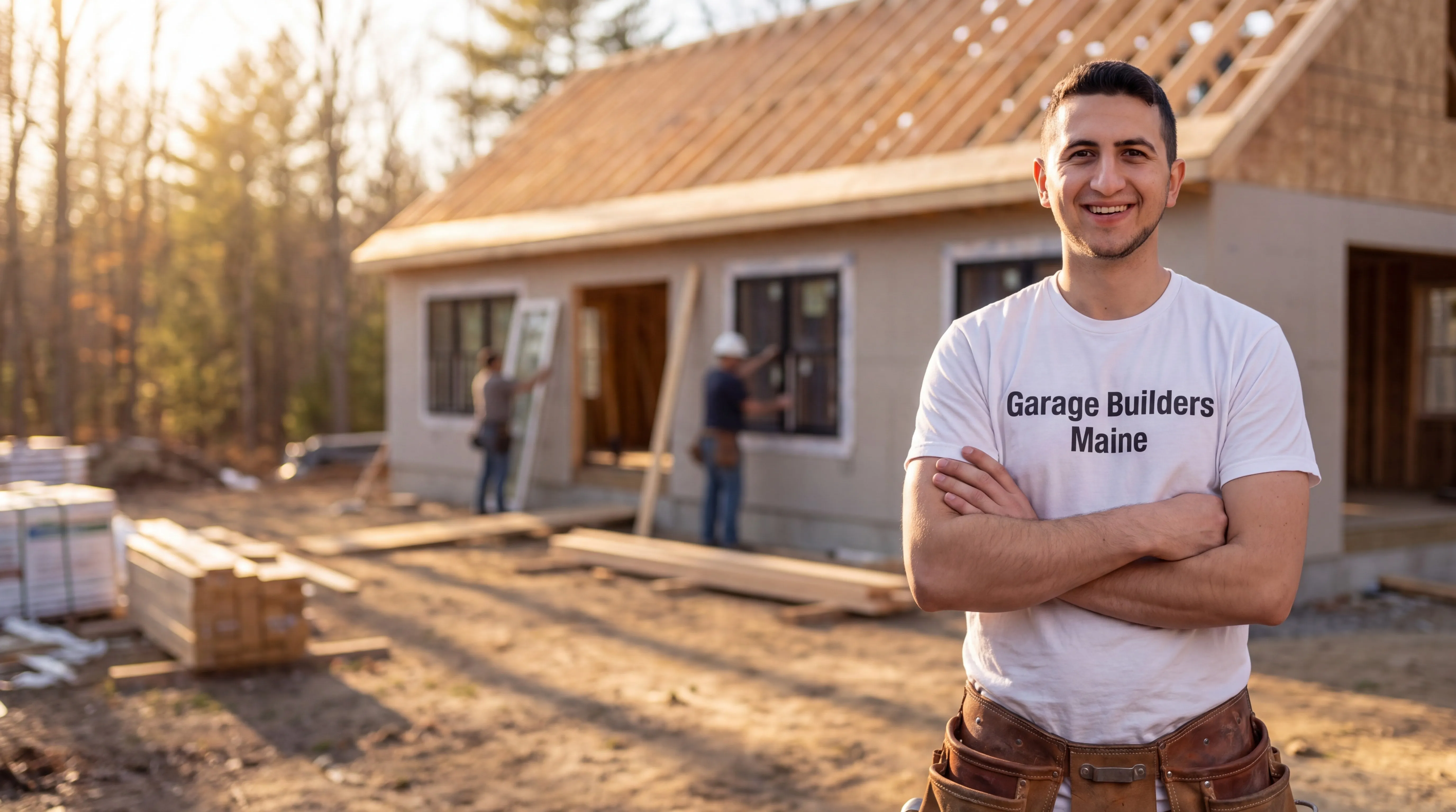 Custom home builder Augusta Maine: owner with arms crossed in front of a house shell as workers set windows