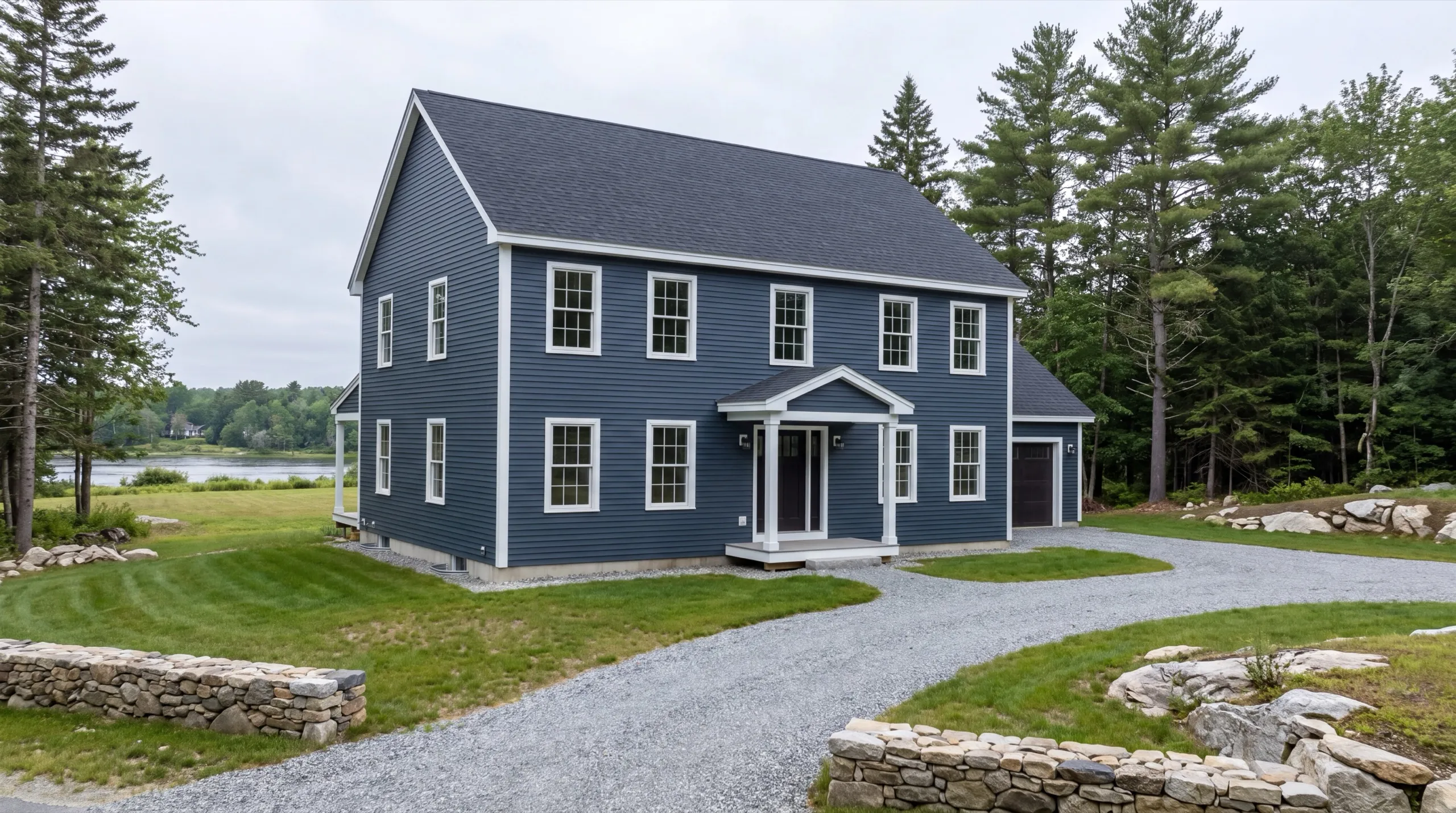 New home builder Augusta Maine: finished blue two-story colonial with white trim and a gabled entry portico