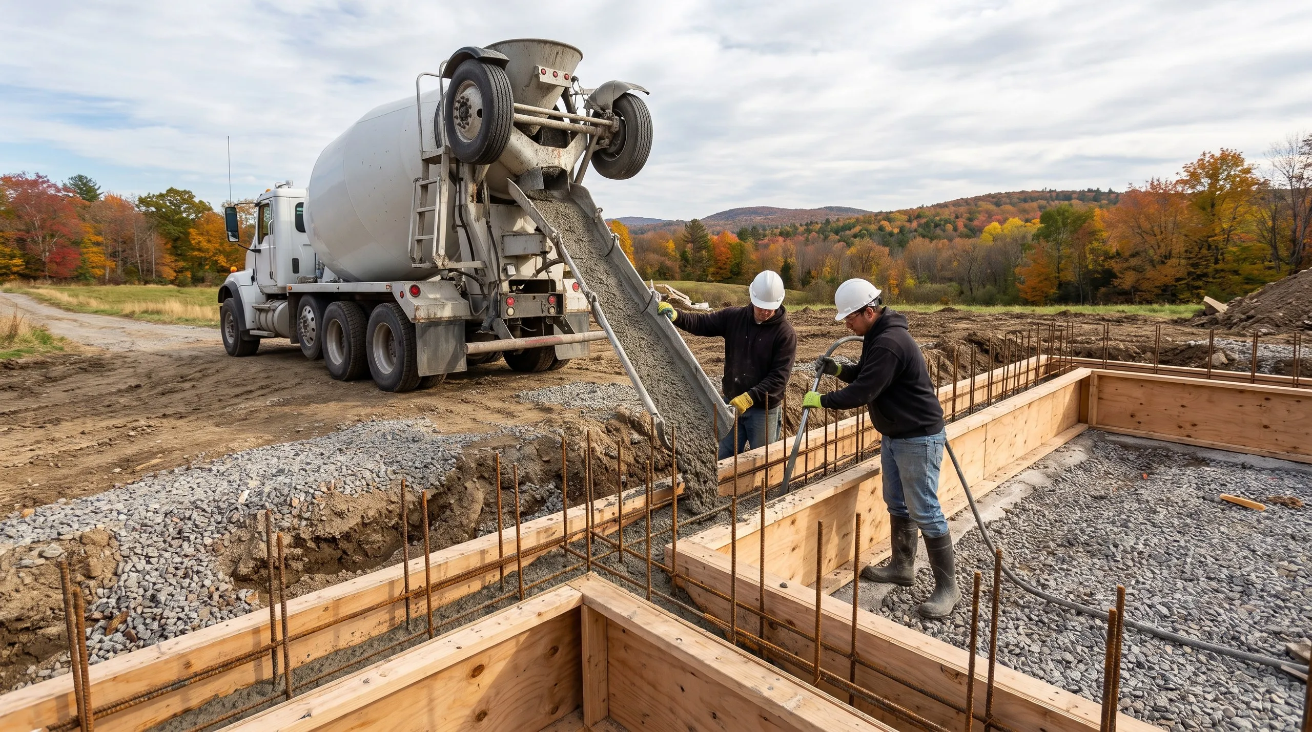 Ready-mix chute pouring concrete into a rebar-lined foundation form as two workers guide it, autumn hills behind in Chelsea, Maine