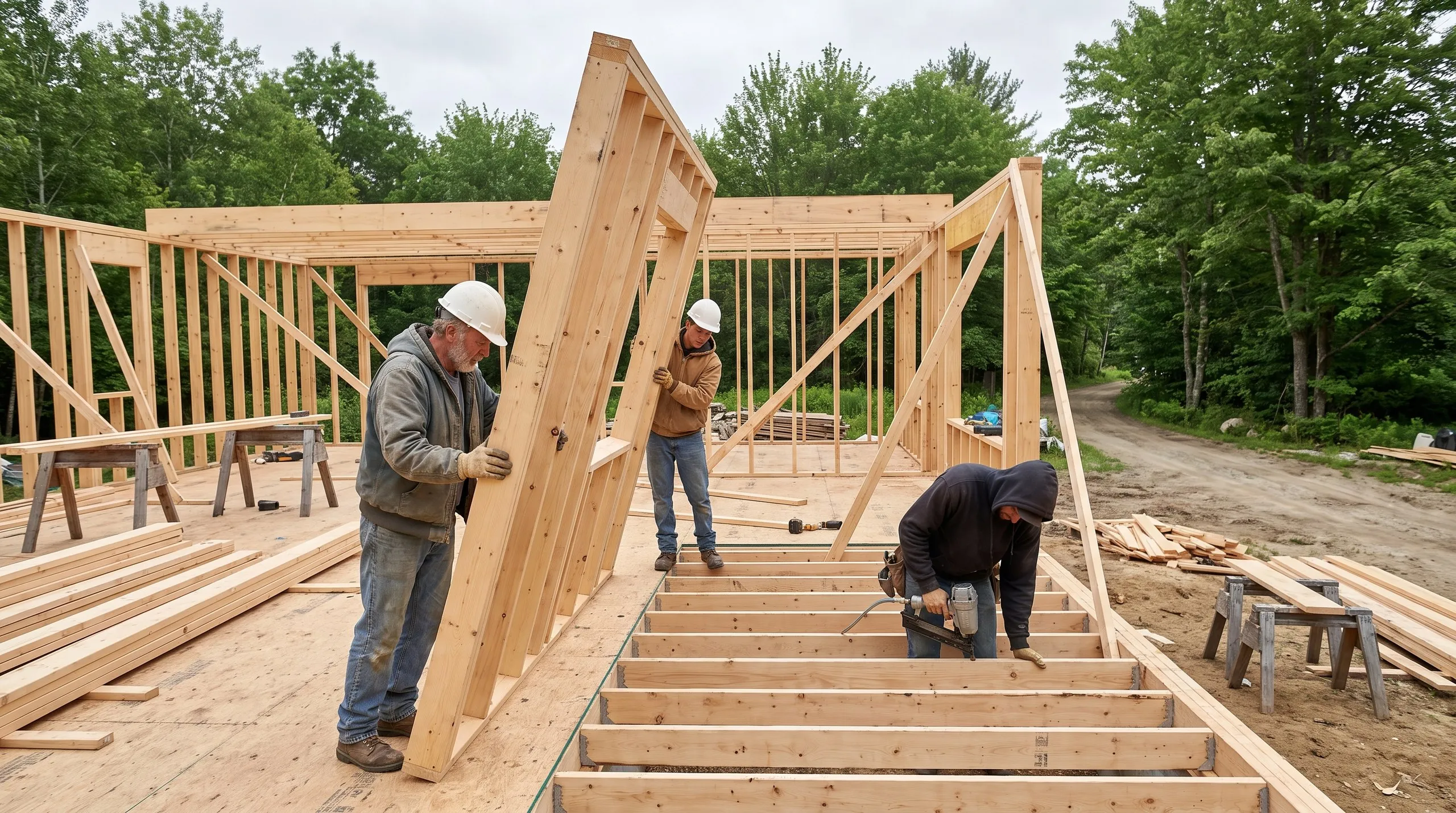 Residential home builder Chelsea Maine: crew raising a stud wall on the subfloor while a worker nails floor joists beside it