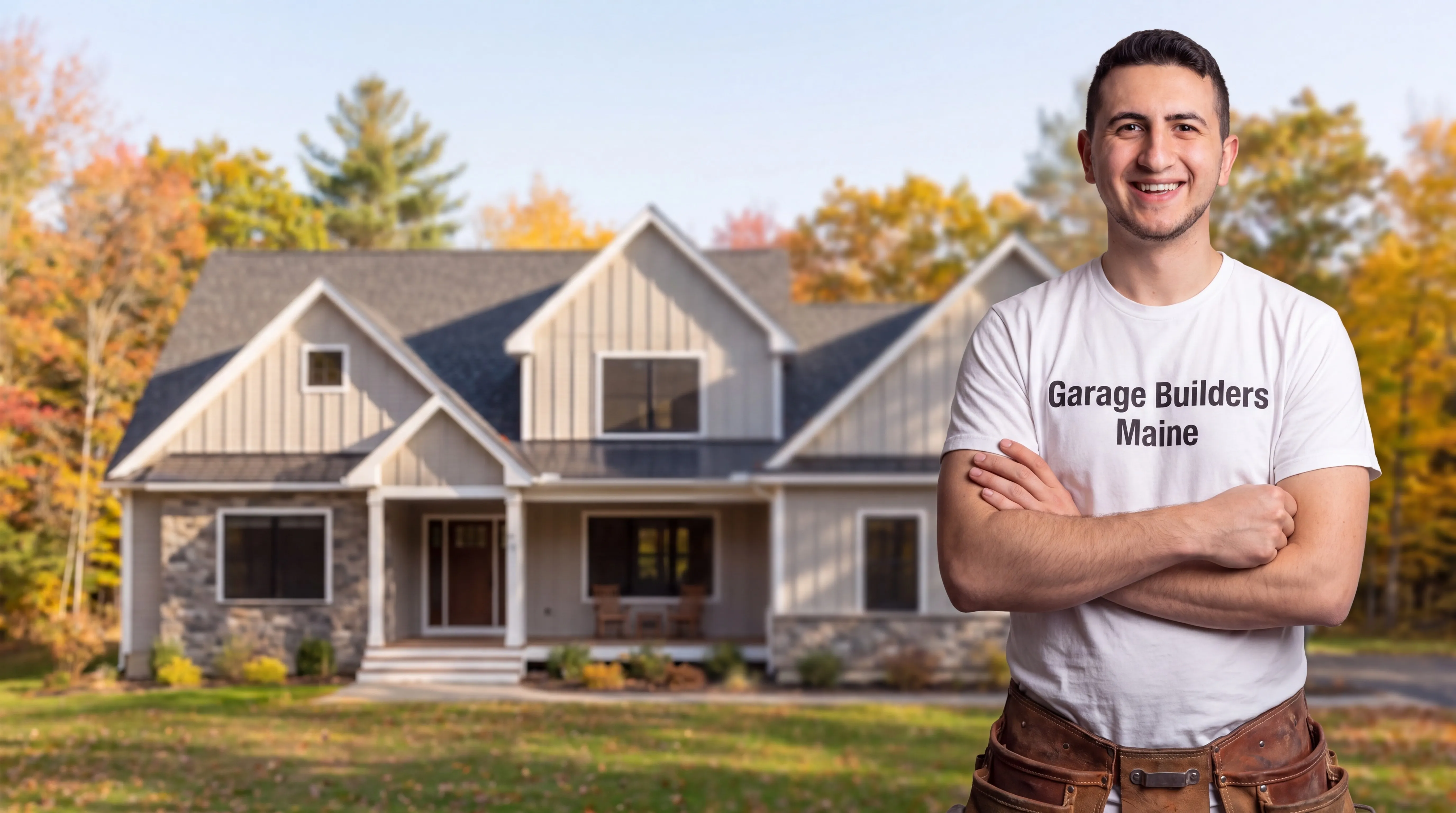 Owner of Garage Builders Maine standing with his arms crossed and smiling at a Maine job site