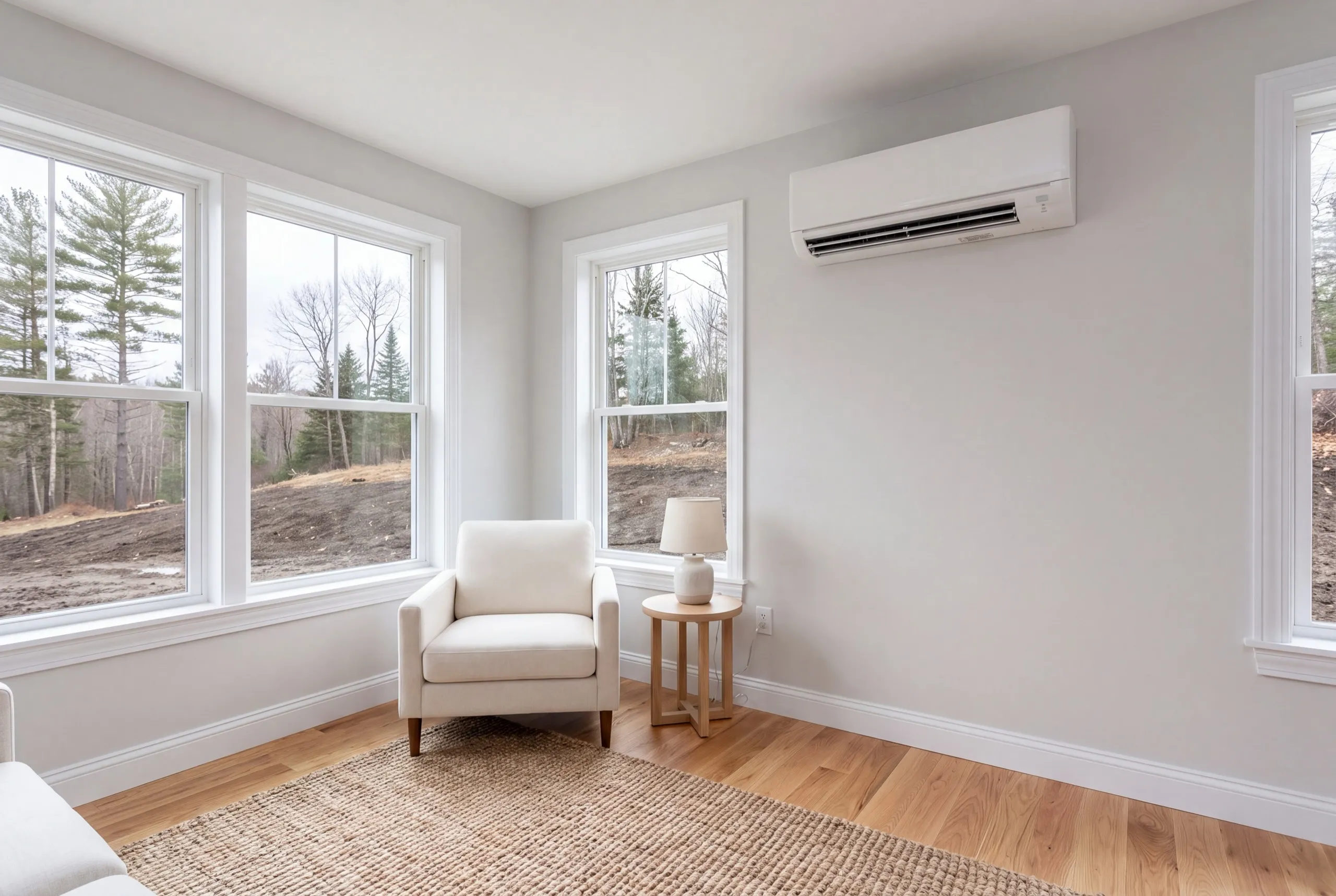 Custom home builder Dresden Maine: wall-mounted heat pump in a bright new living room with tall windows