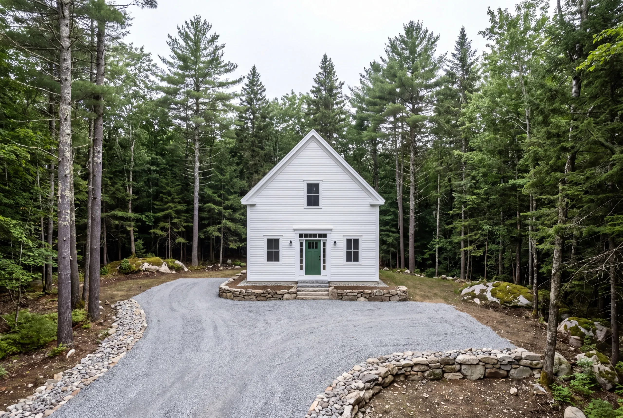 New home builder Dresden Maine: finished white compact two-story house in a clearing surrounded by woods