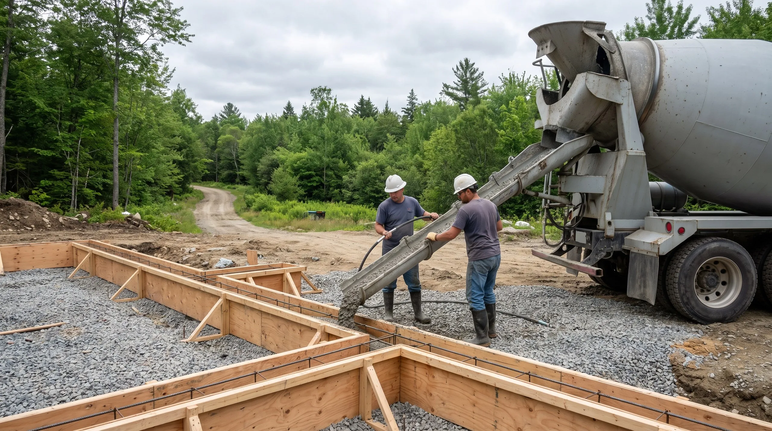 Ready-mix chute pouring concrete into a rebar footing form as two workers guide it on a wooded lot in Dresden, Maine