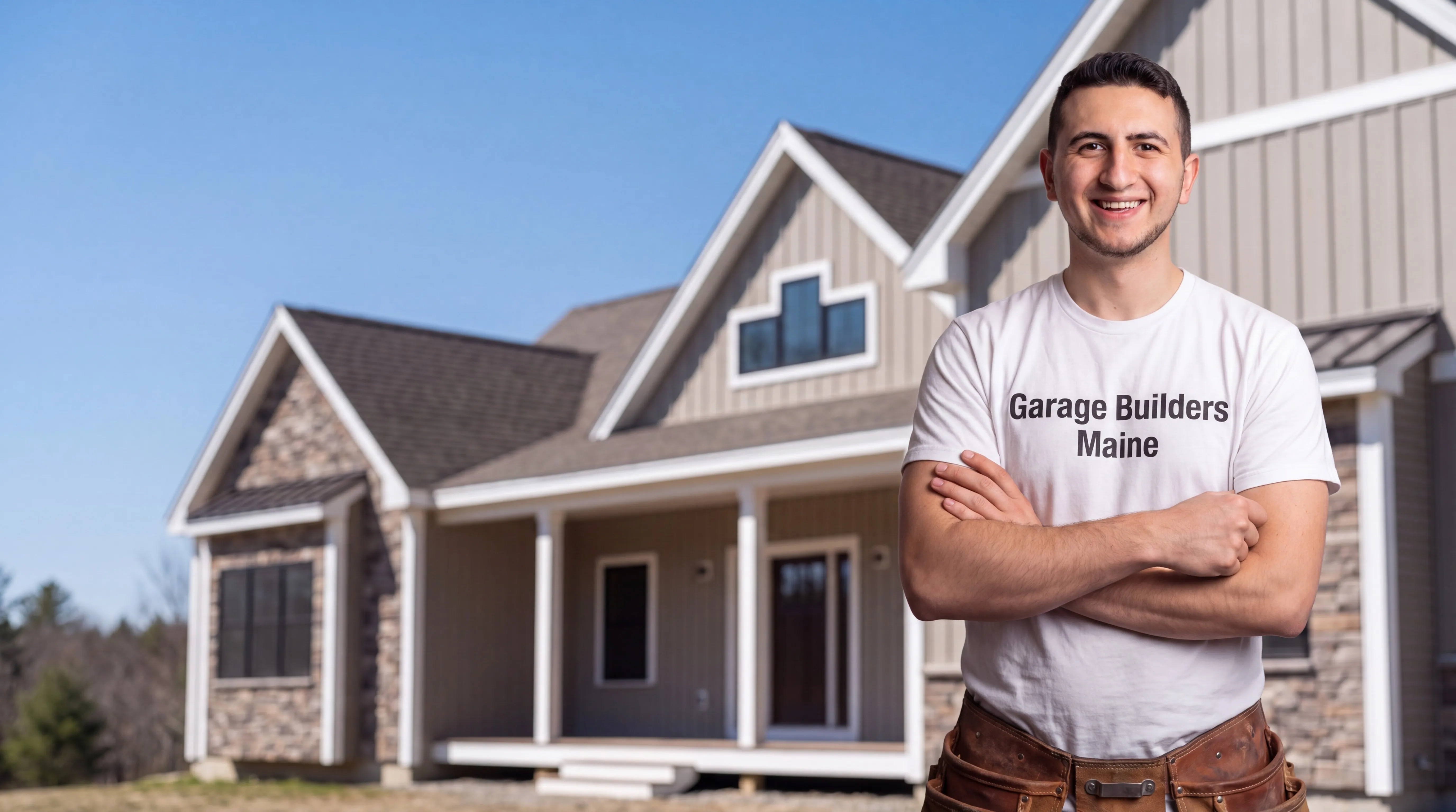Custom home builder Dresden Maine: owner with arms crossed in front of a finished house with stone accents