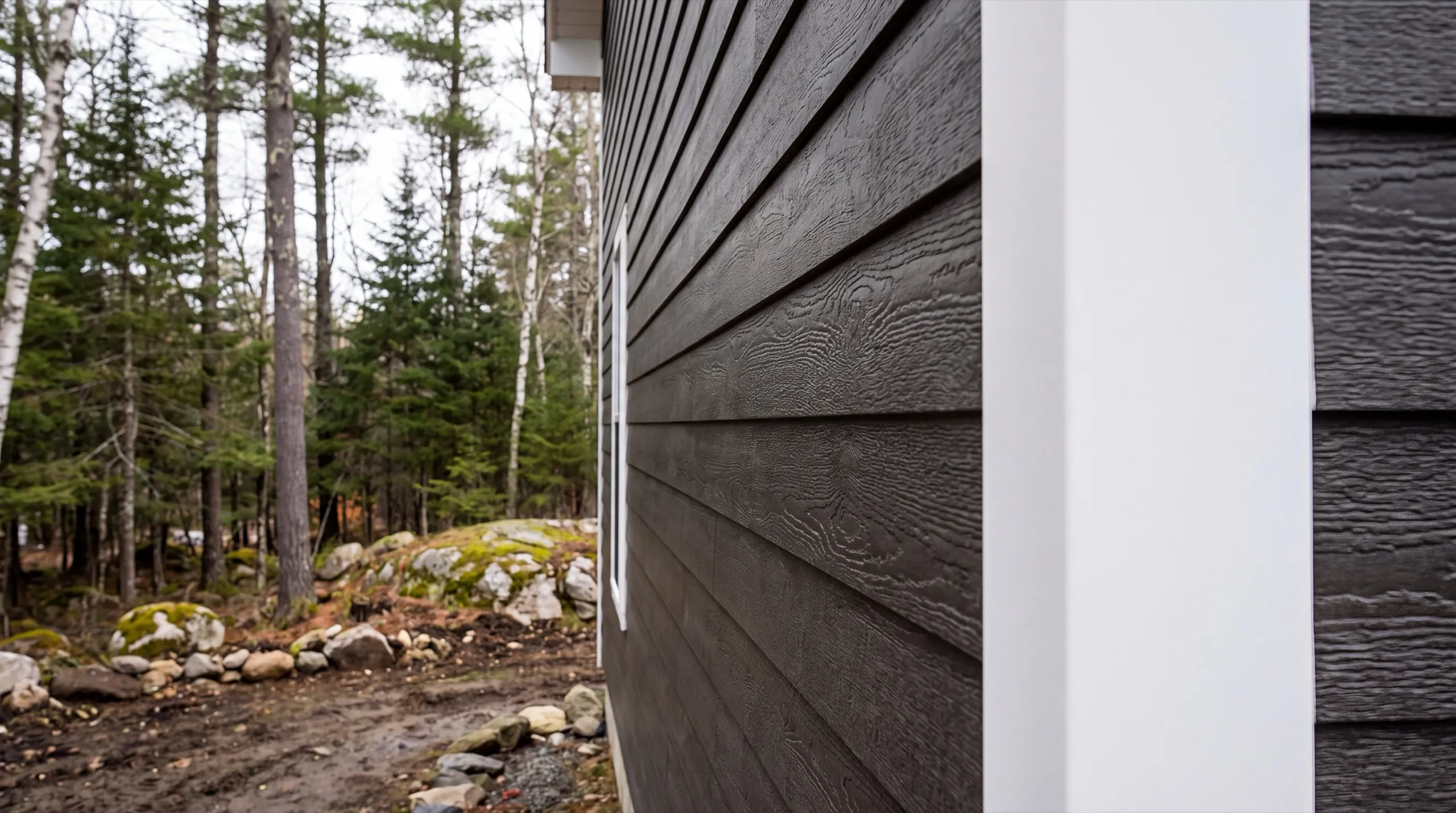 Close view of dark wood-grain lap siding meeting a white corner board in Dresden, Maine