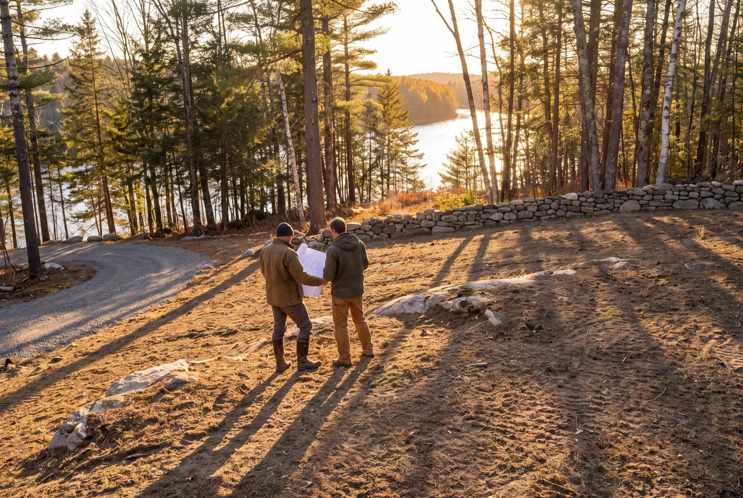 Two people holding plans on a sloped cleared lot above the water in Farmingdale, Maine