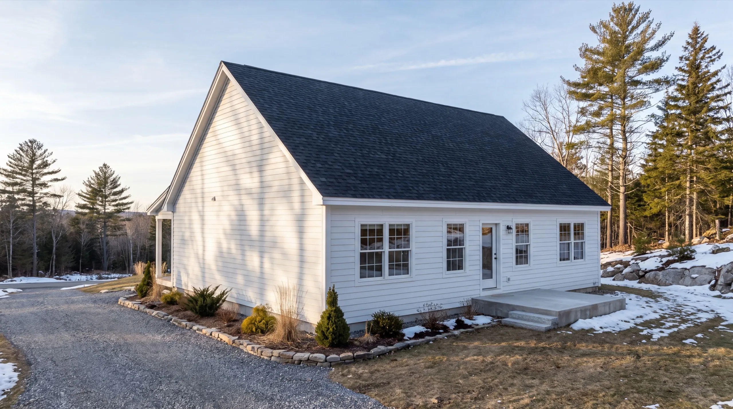 Custom home builder Farmingdale Maine: finished white one-story house with a concrete patio and new plantings