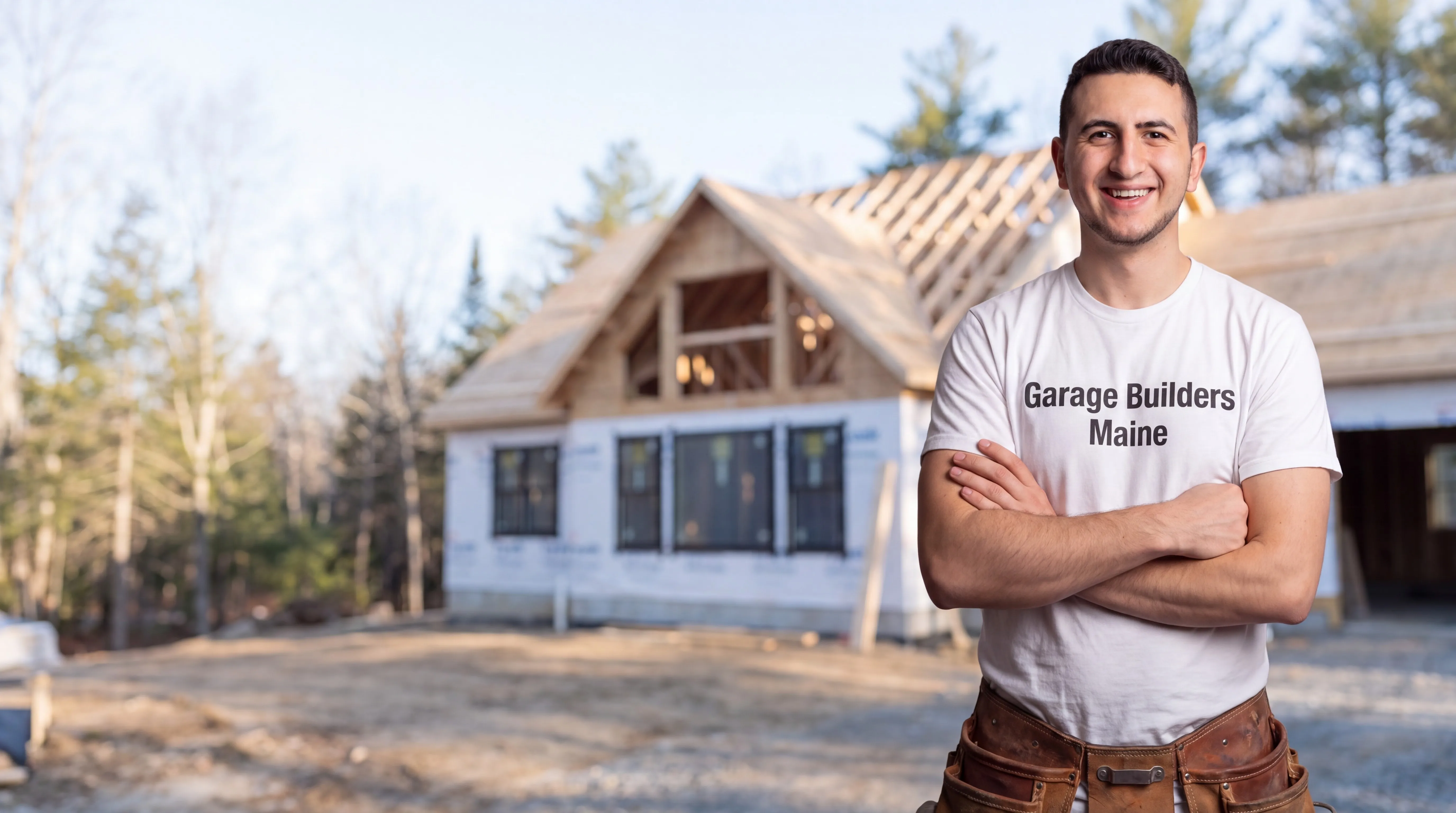 Owner of Garage Builders Maine standing with his arms crossed and smiling at a Maine job site