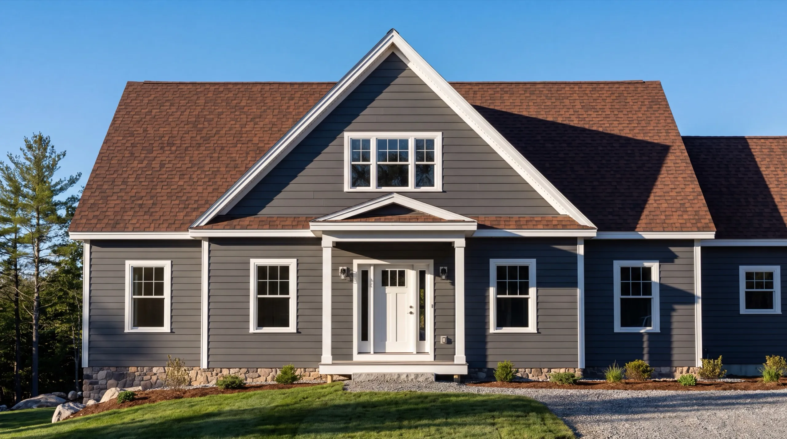 Custom home builder Central Maine: finished gray house with a brown roof, front gable and columned entry