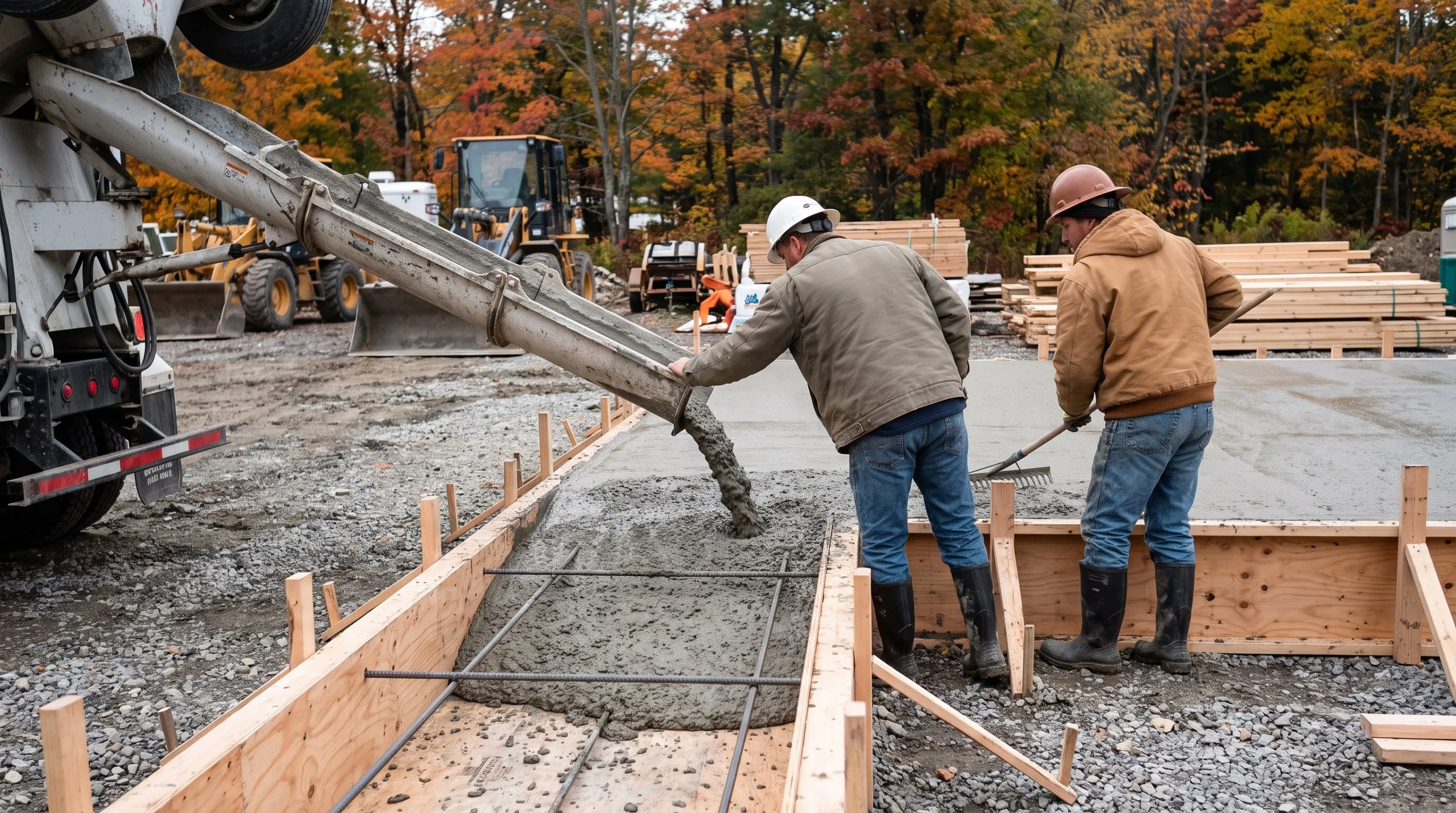 New home builder Central Maine: crew pouring concrete from a mixer chute into rebar-lined footing forms beside a fresh slab