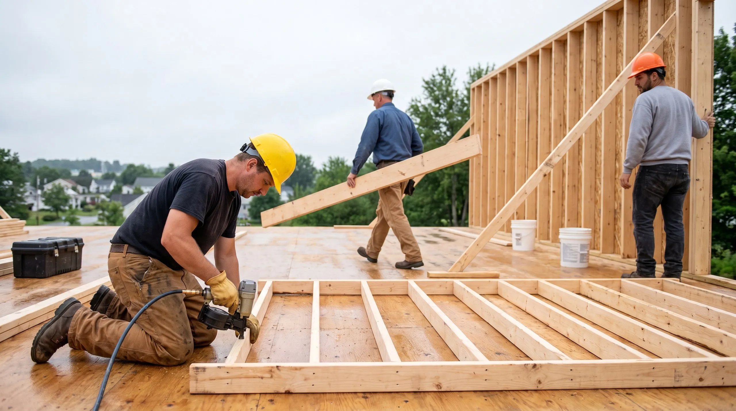 Residential home builder Central Maine: crew framing on a wet subfloor, nailing a flat wall beside a braced, sheathed wall