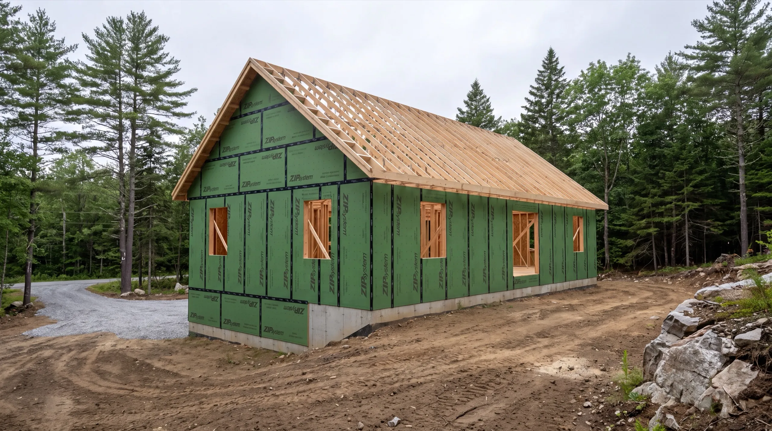 framing crew on a custom home build in Central Maine