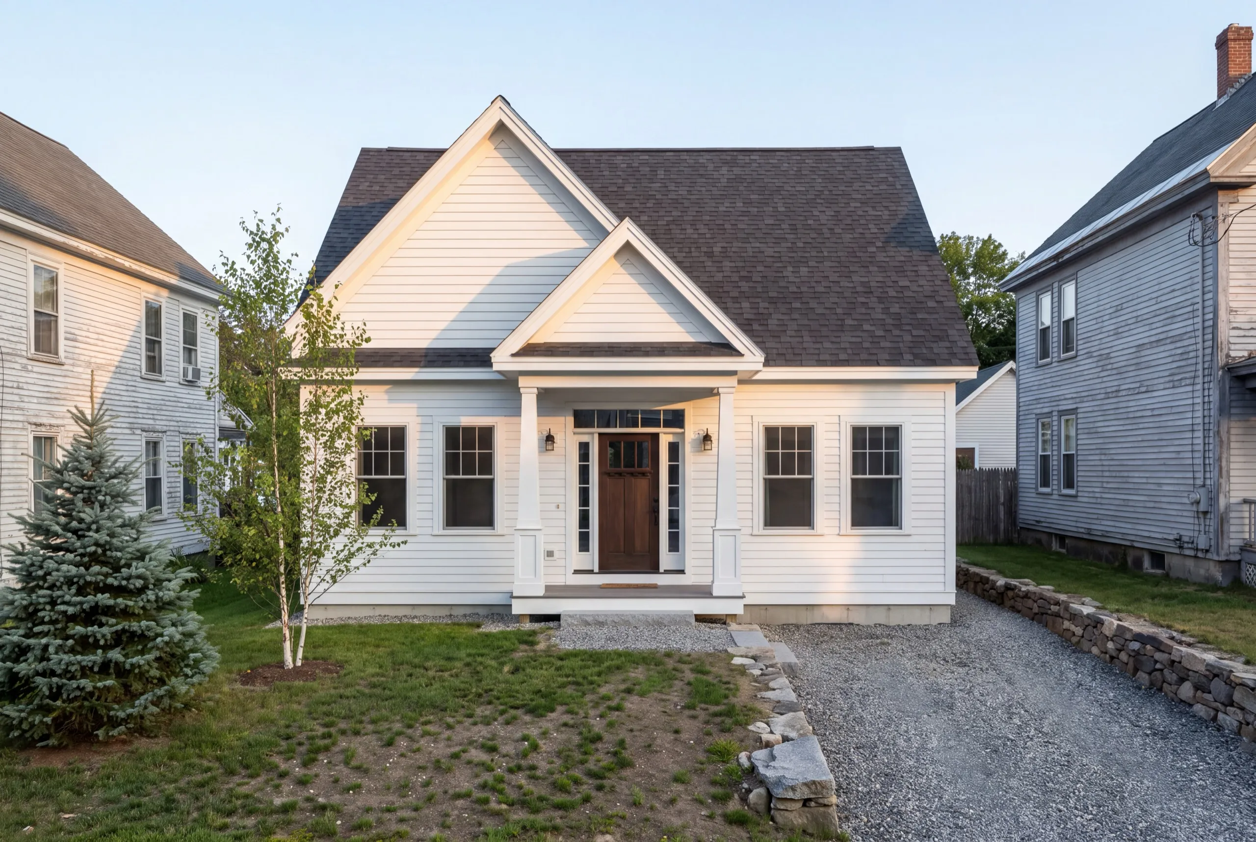 Custom home builder Gardiner Maine: finished white cape with a gabled entry between two older neighboring houses