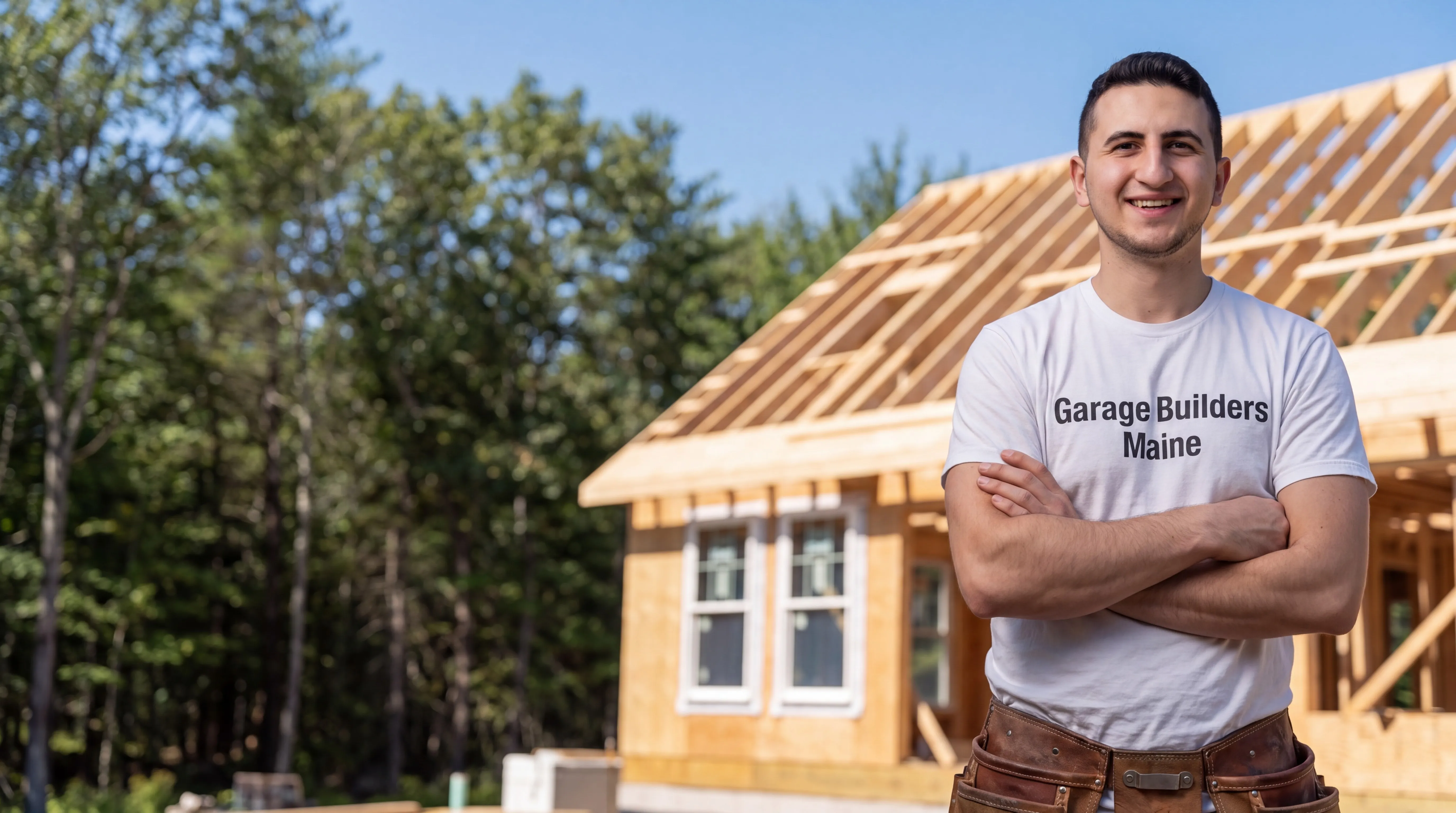 Owner of Garage Builders Maine standing with his arms crossed and smiling at a Maine job site