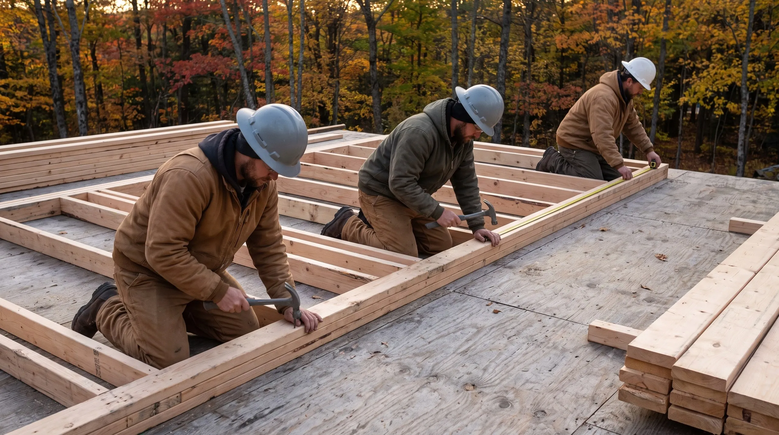 Residential home builder Hallowell Maine: three framers in hard hats nailing a wall frame laid flat on the plywood subfloor