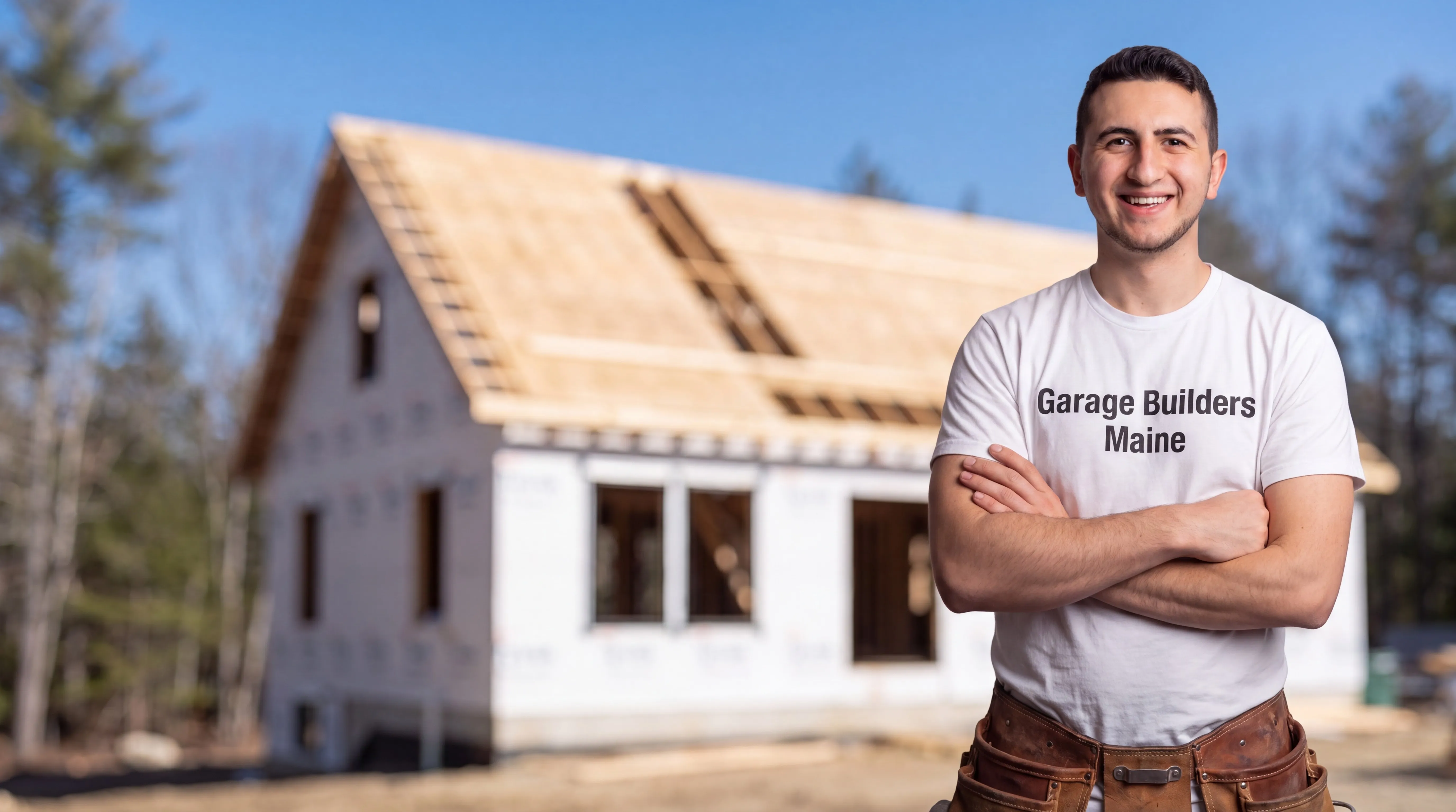 Custom home builder Hallowell Maine: owner with arms crossed in front of a wrapped house getting roof sheathing