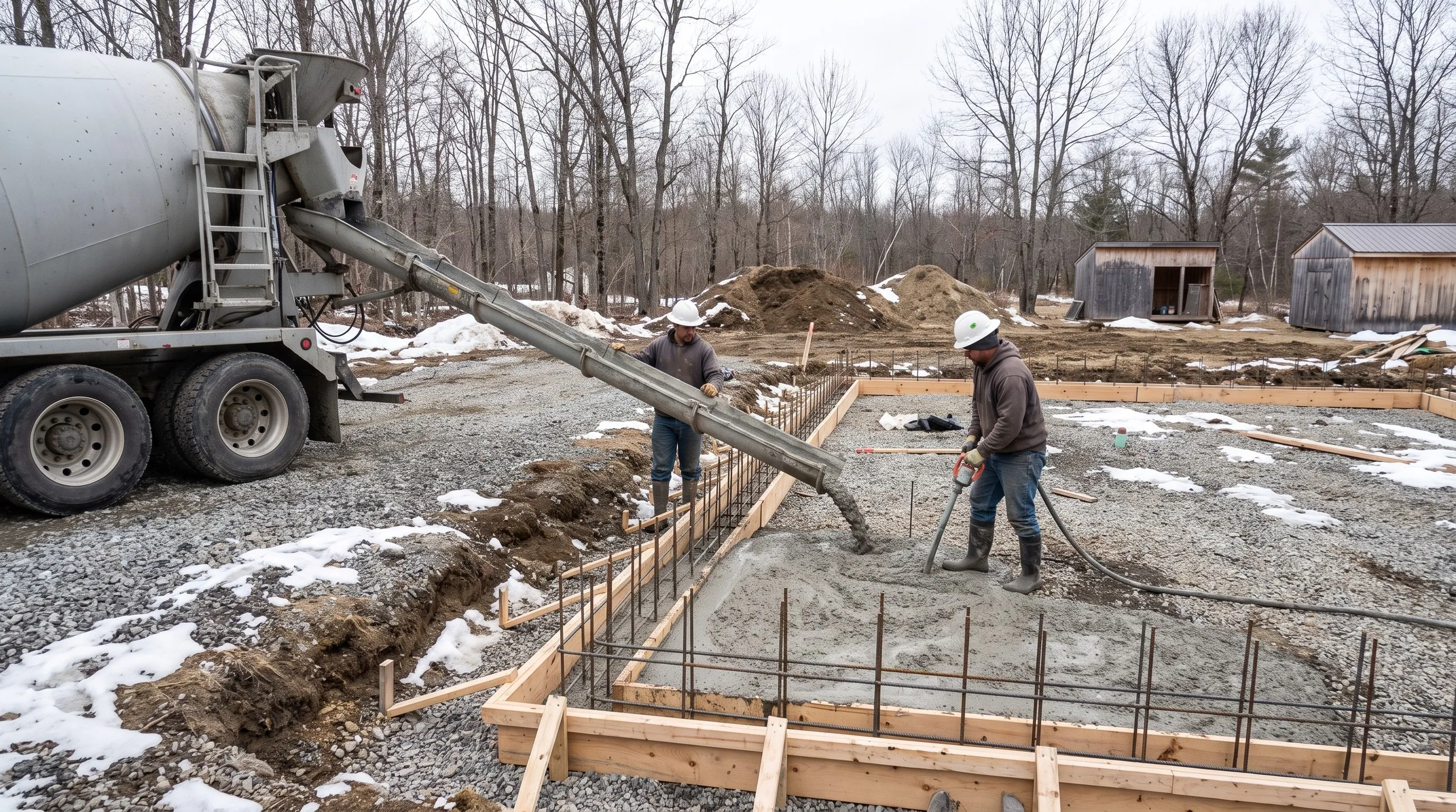 Ready-mix chute pouring concrete into a rebar-lined slab form as one worker guides it and one vibrates in Jefferson, Maine