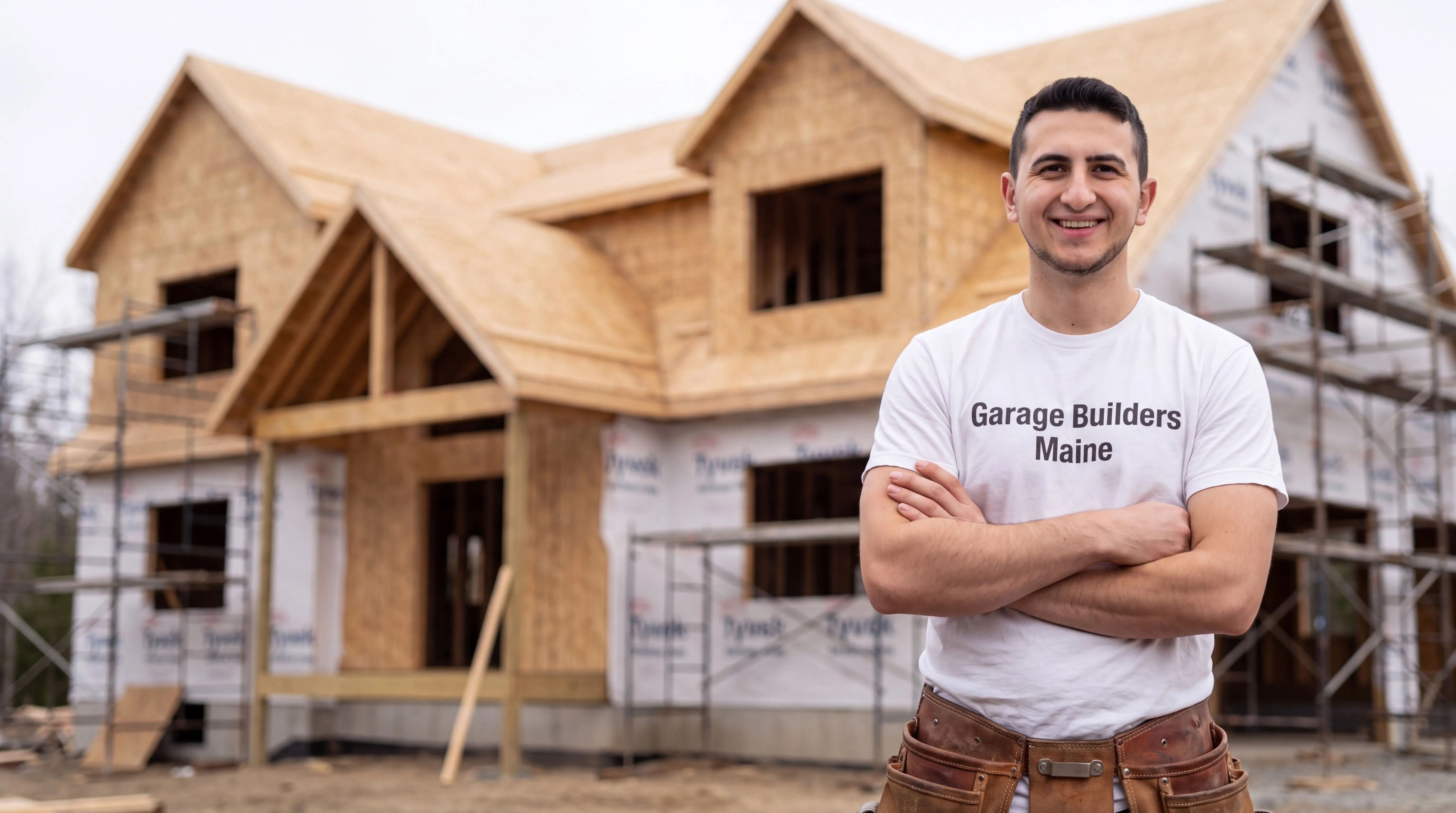 Custom home builder Jefferson Maine: owner with arms crossed in front of a sheathed two-story house with scaffolding