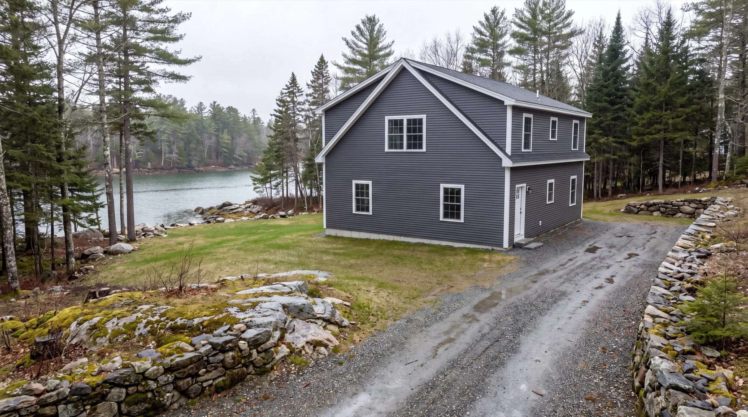 New home builder Jefferson Maine: finished gray-sided two-story house on a gravel drive by the water
