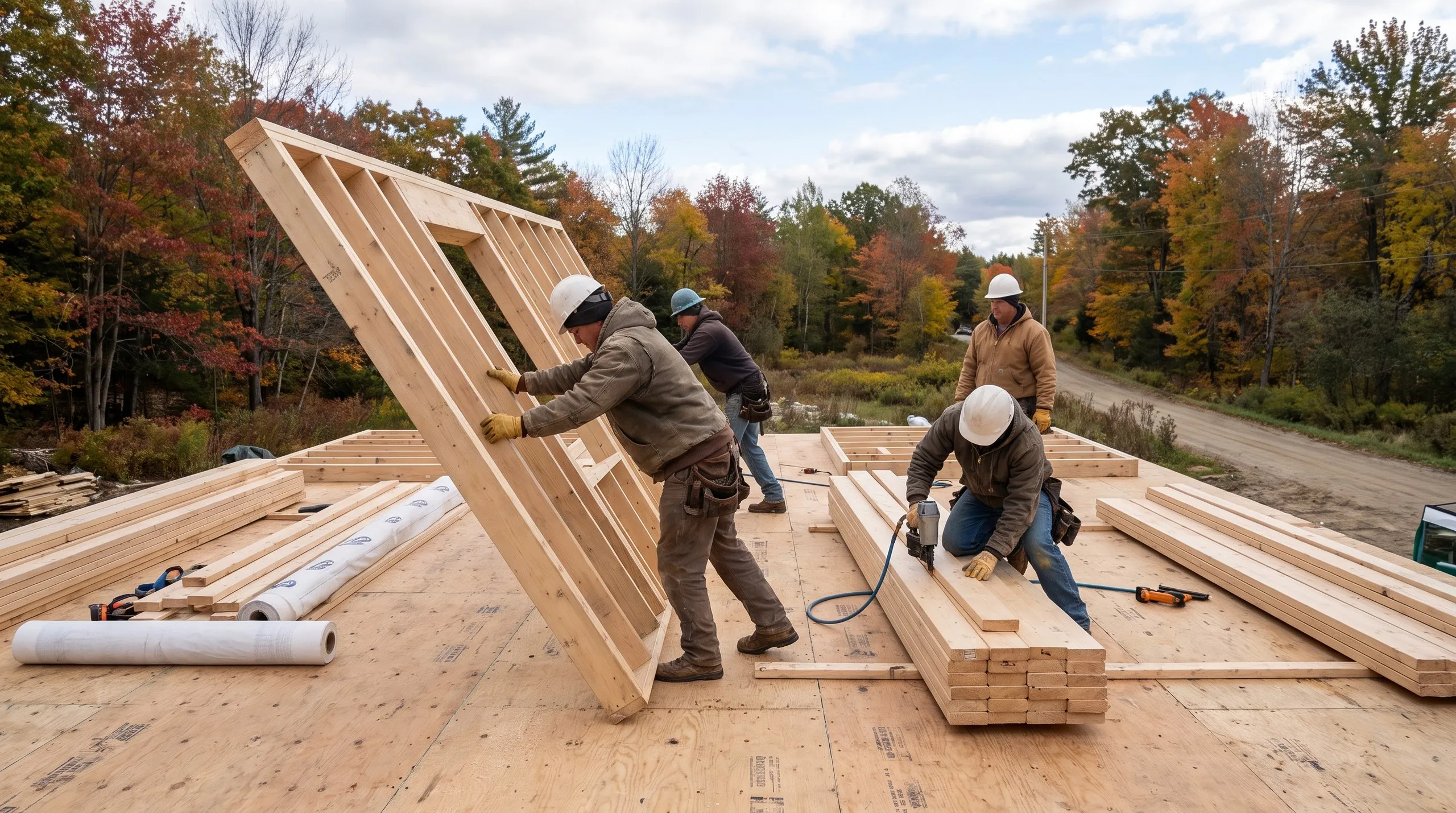 Residential home builder Litchfield Maine: four-person crew raising a stud wall on a plywood deck with autumn woods behind