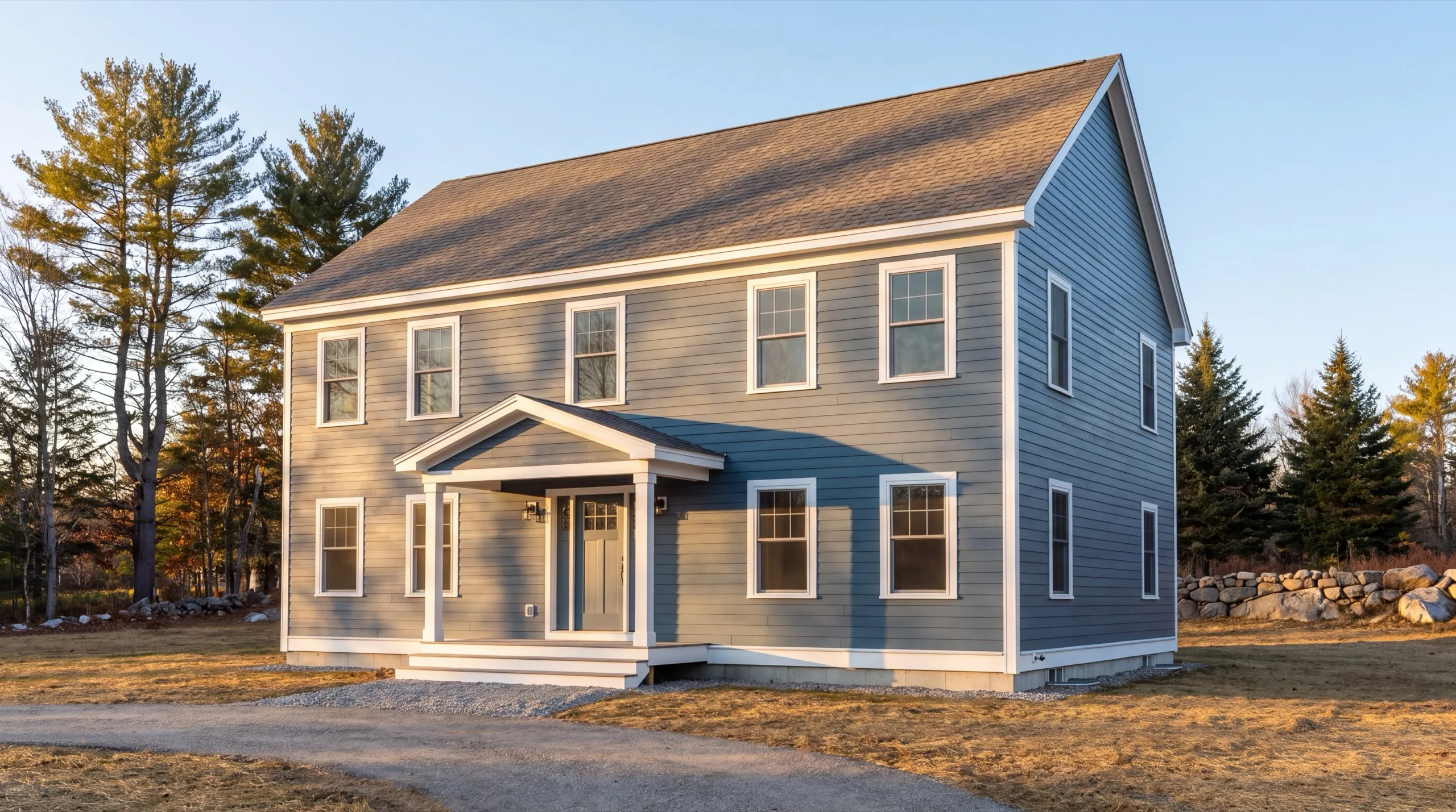 Custom home builder in Litchfield, ME: finished blue-gray two-story colonial with a gabled front entry