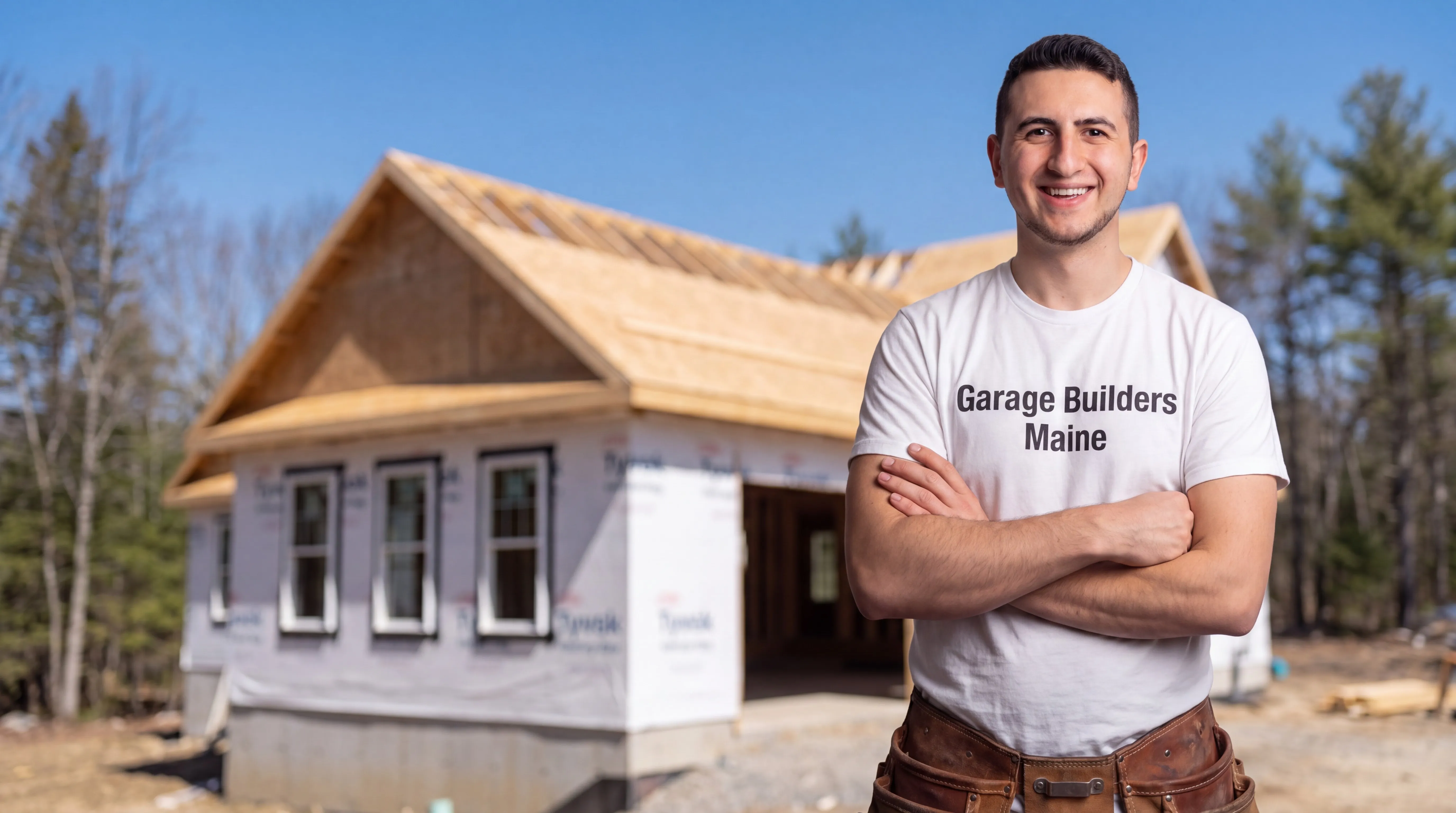 Owner of Garage Builders Maine standing with his arms crossed and smiling at a Maine job site