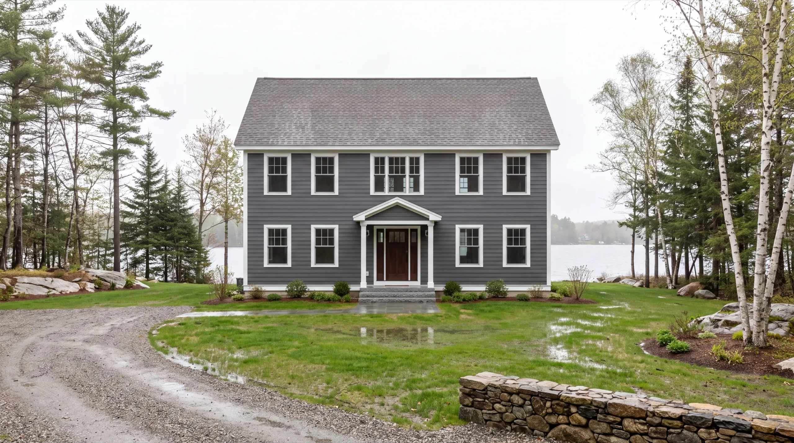 Custom home builder Manchester Maine: finished gray two-story colonial on a lawn above a lake