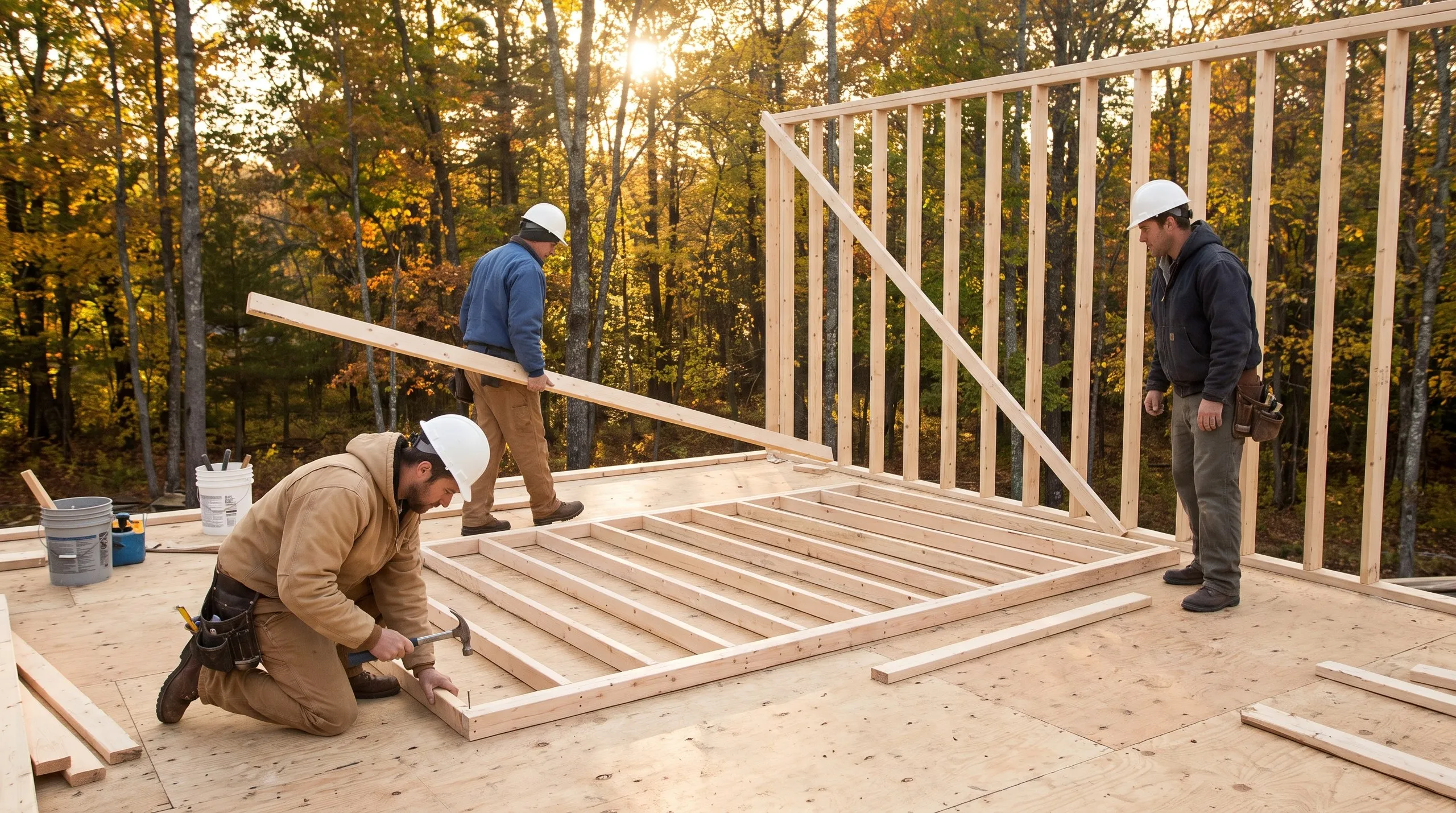 Residential home builder Manchester Maine: crew in hard hats nailing a wall frame on the deck beside a braced stud wall, autumn woods