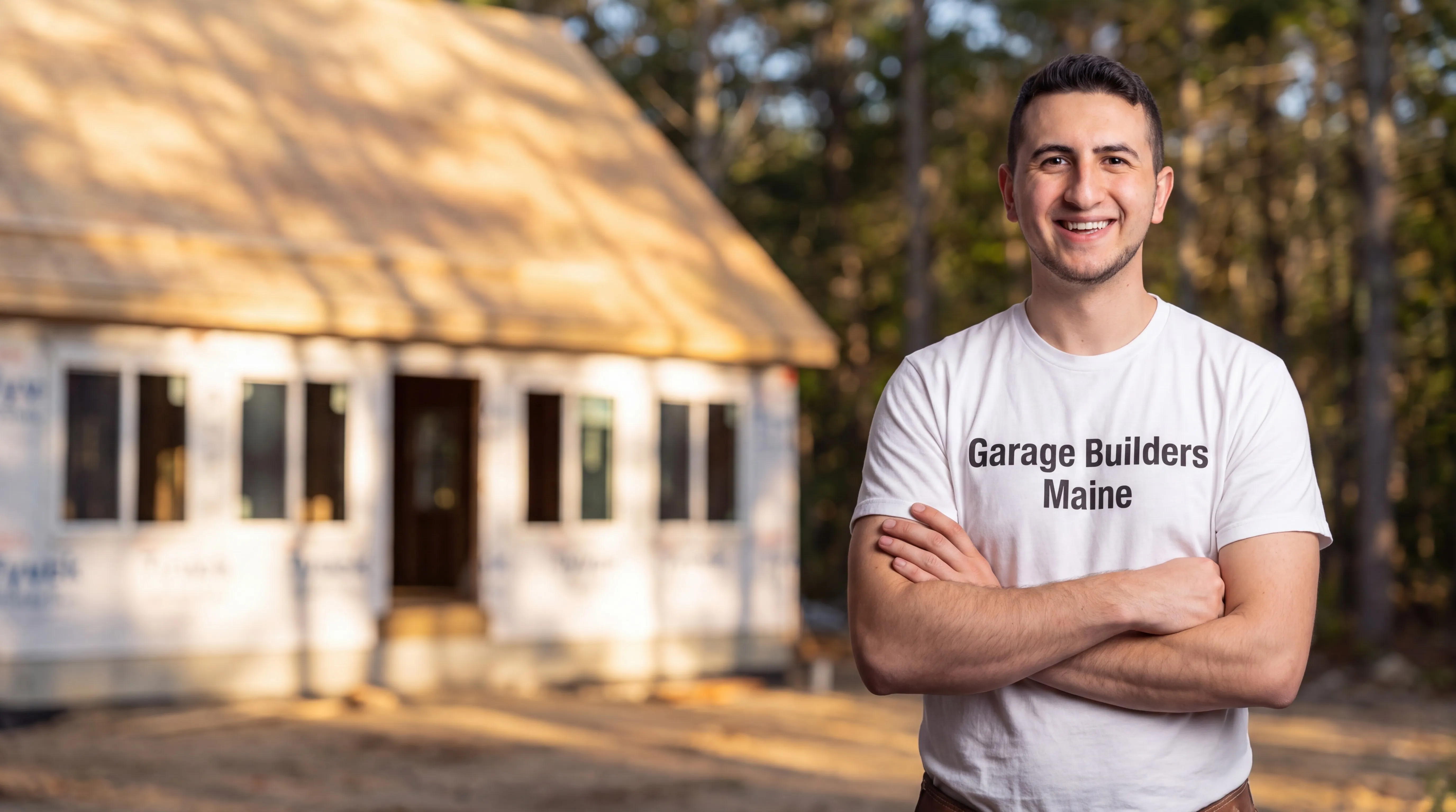 Custom home builder Manchester Maine: owner with arms crossed in front of a wrapped cape with roof sheathing on