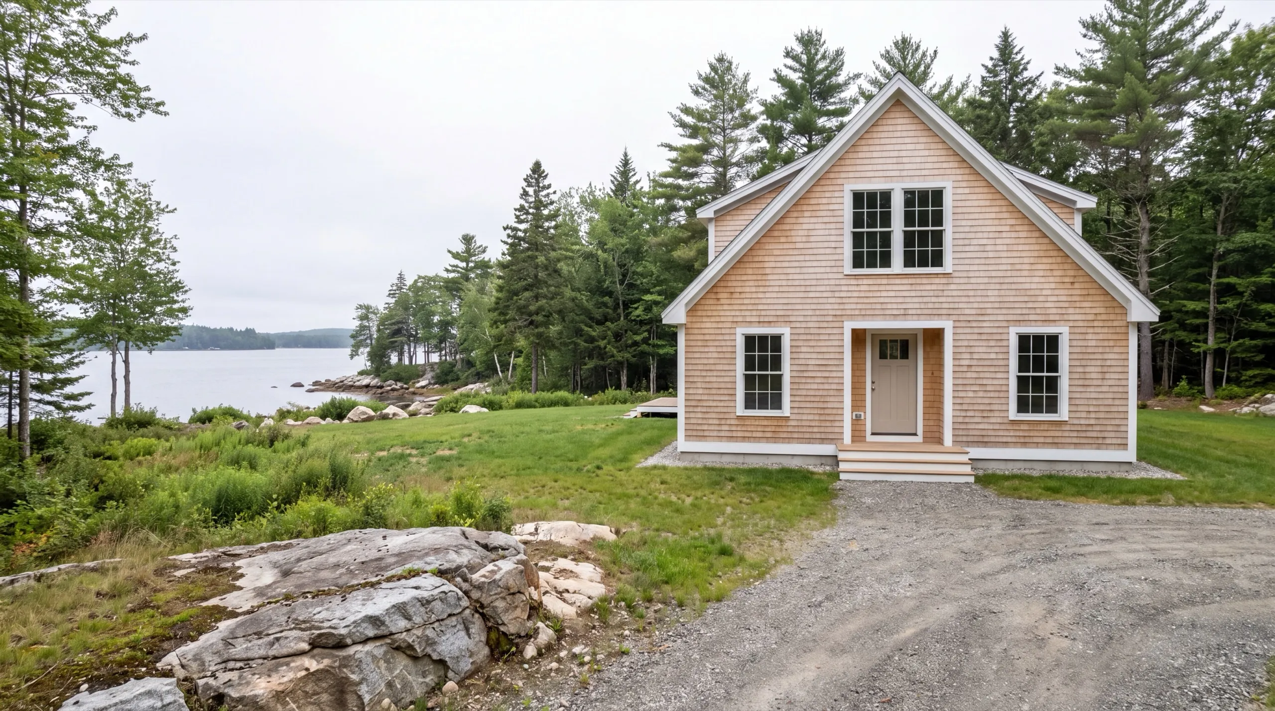 New home builder Manchester Maine: finished cape with natural cedar shingle siding near the water