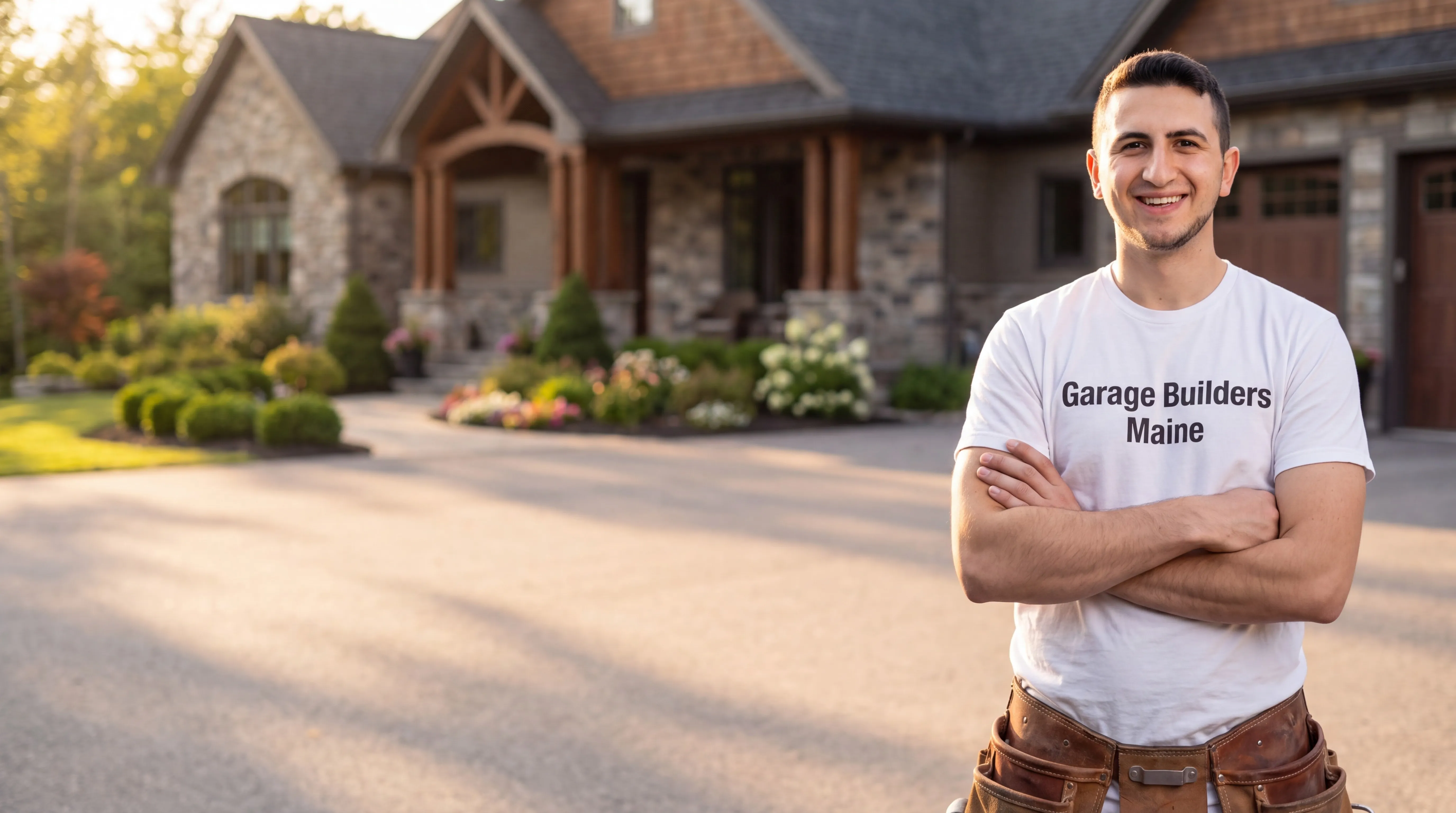 Owner of Garage Builders Maine standing with his arms crossed and smiling at a Maine job site