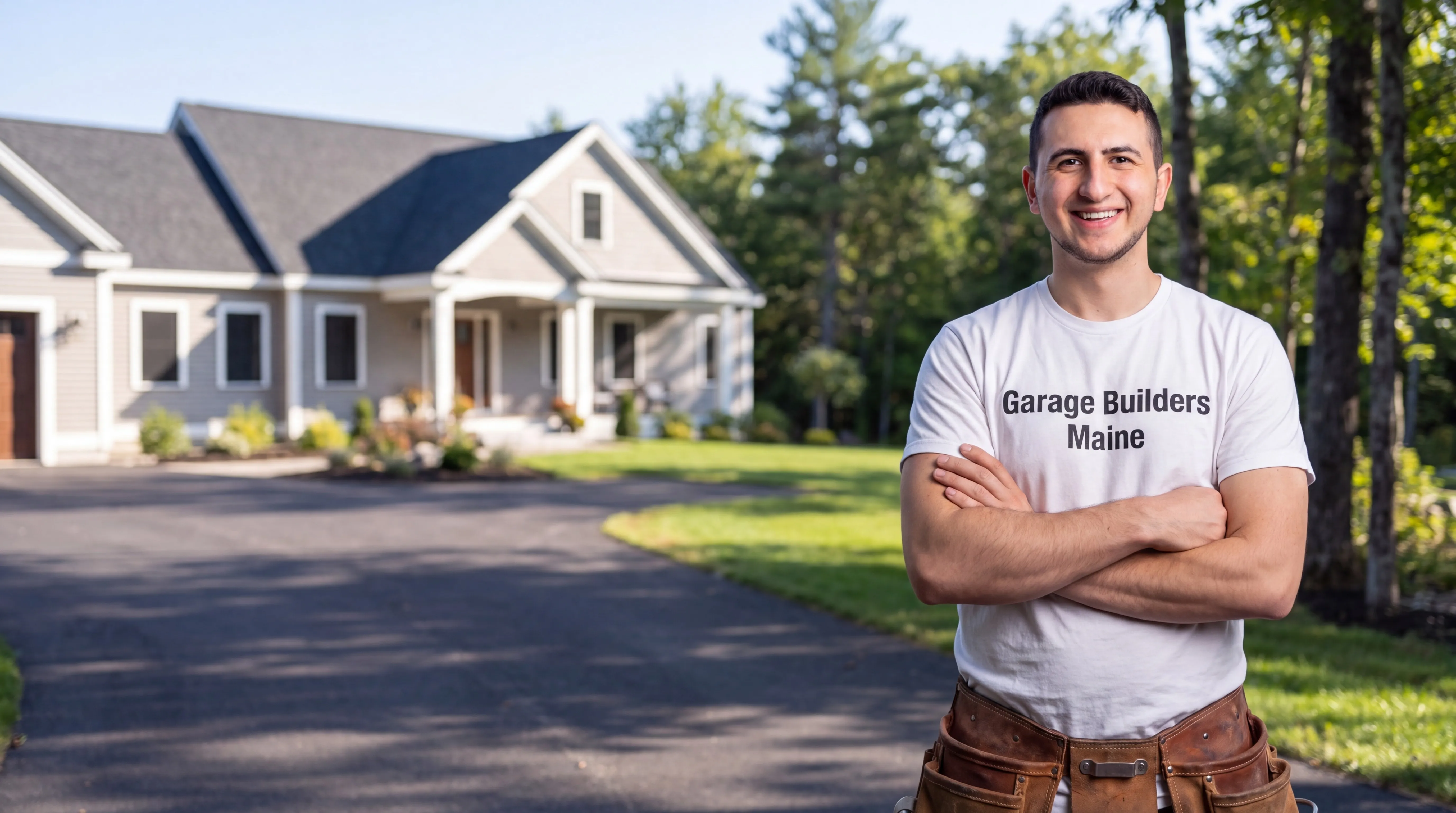 Owner of Garage Builders Maine standing with his arms crossed and smiling at a Maine job site