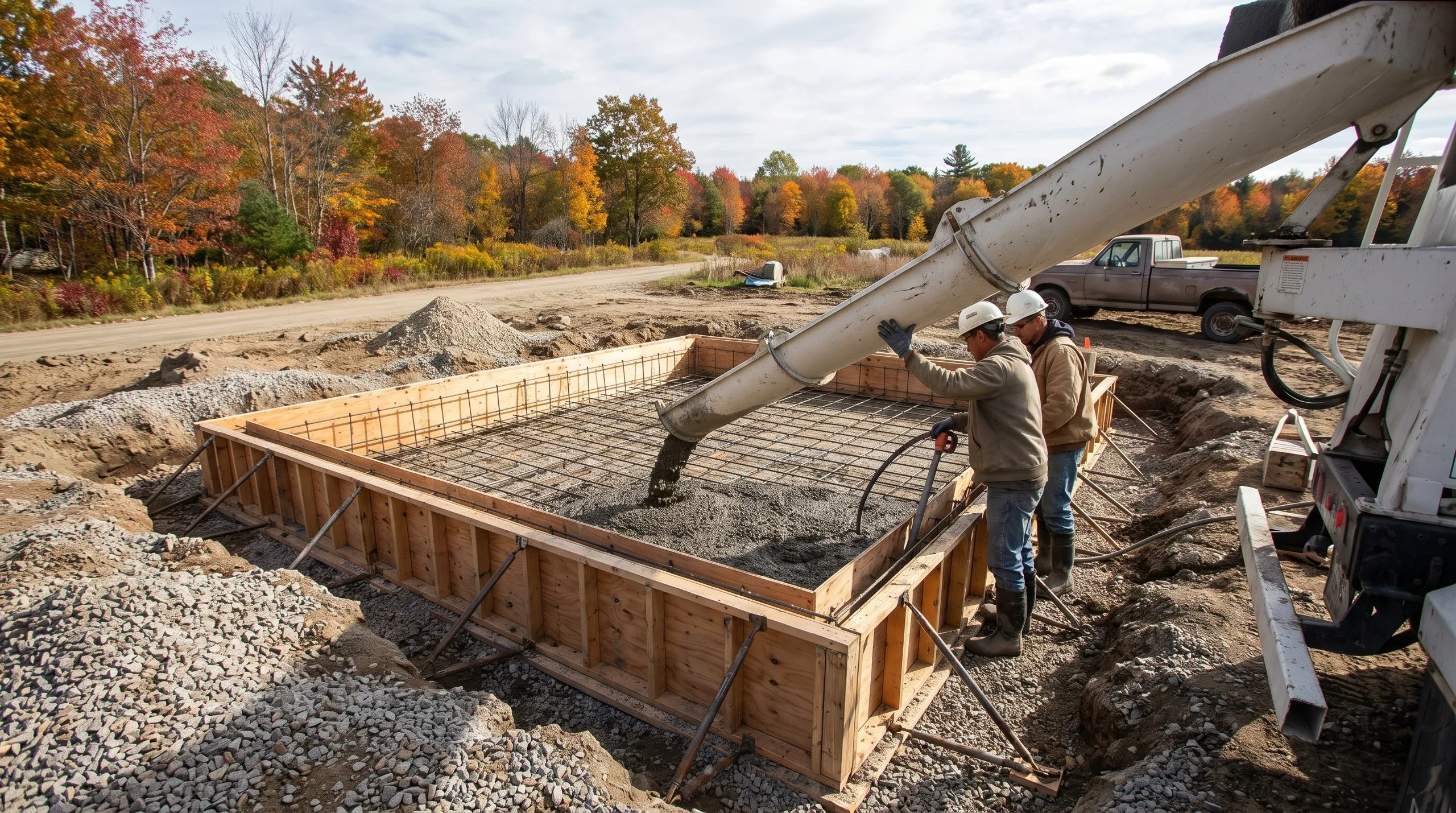 Ready-mix chute filling a rebar-matted slab form as one worker guides it and another vibrates, autumn woods behind in Randolph, Maine