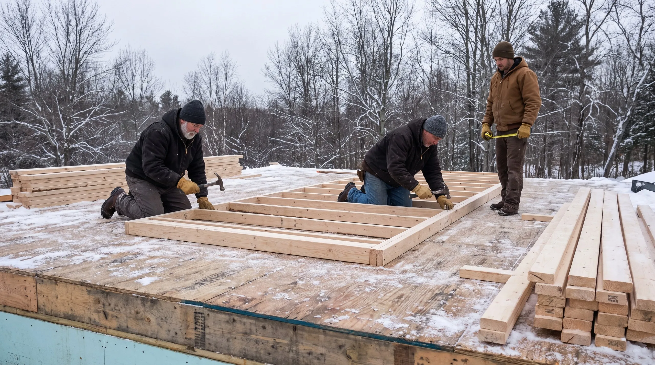 Residential home builder Randolph Maine: framing crew nailing a wall frame together on a snowy plywood subfloor