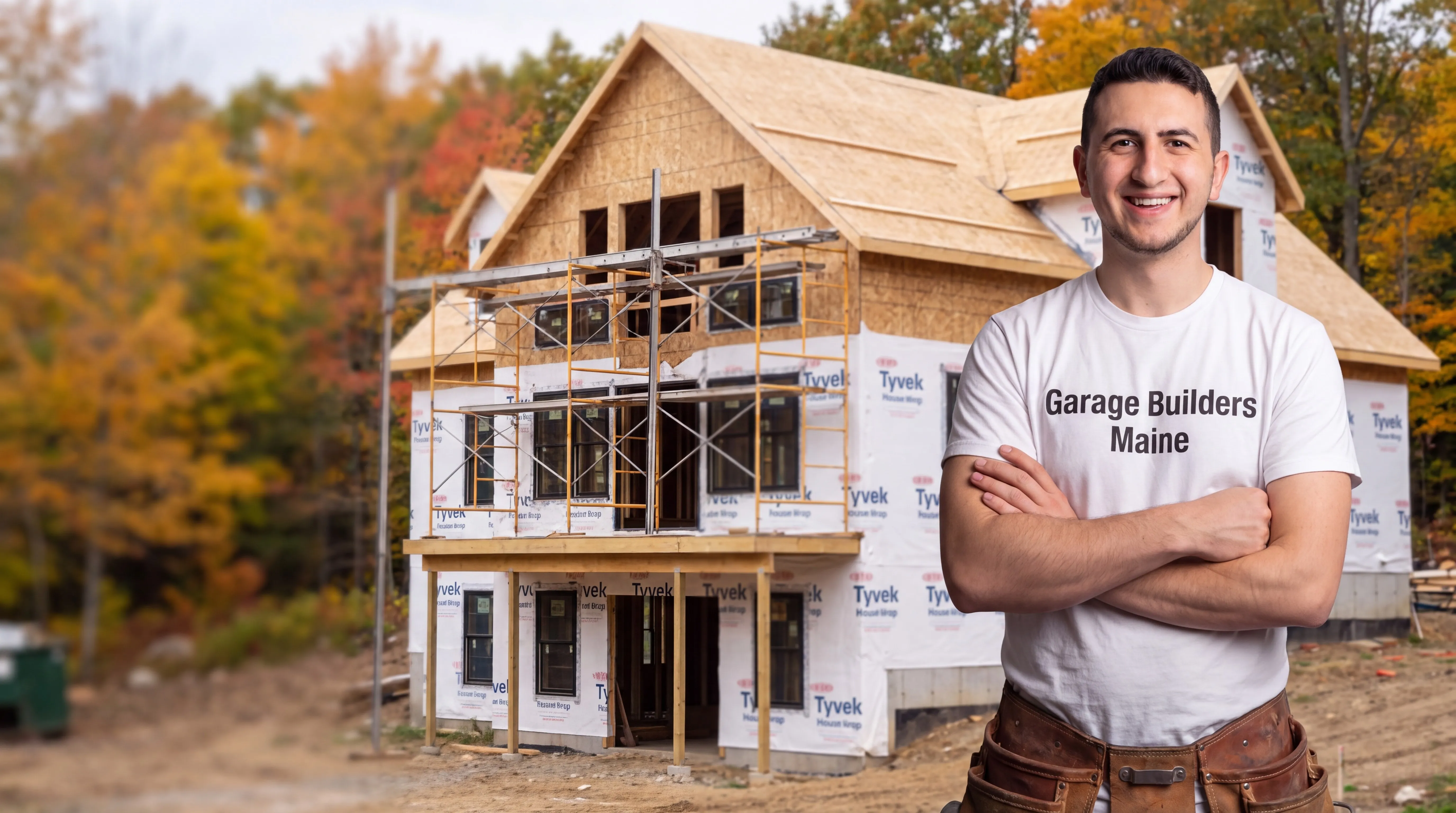 Owner of Garage Builders Maine standing with his arms crossed and smiling at a Maine job site