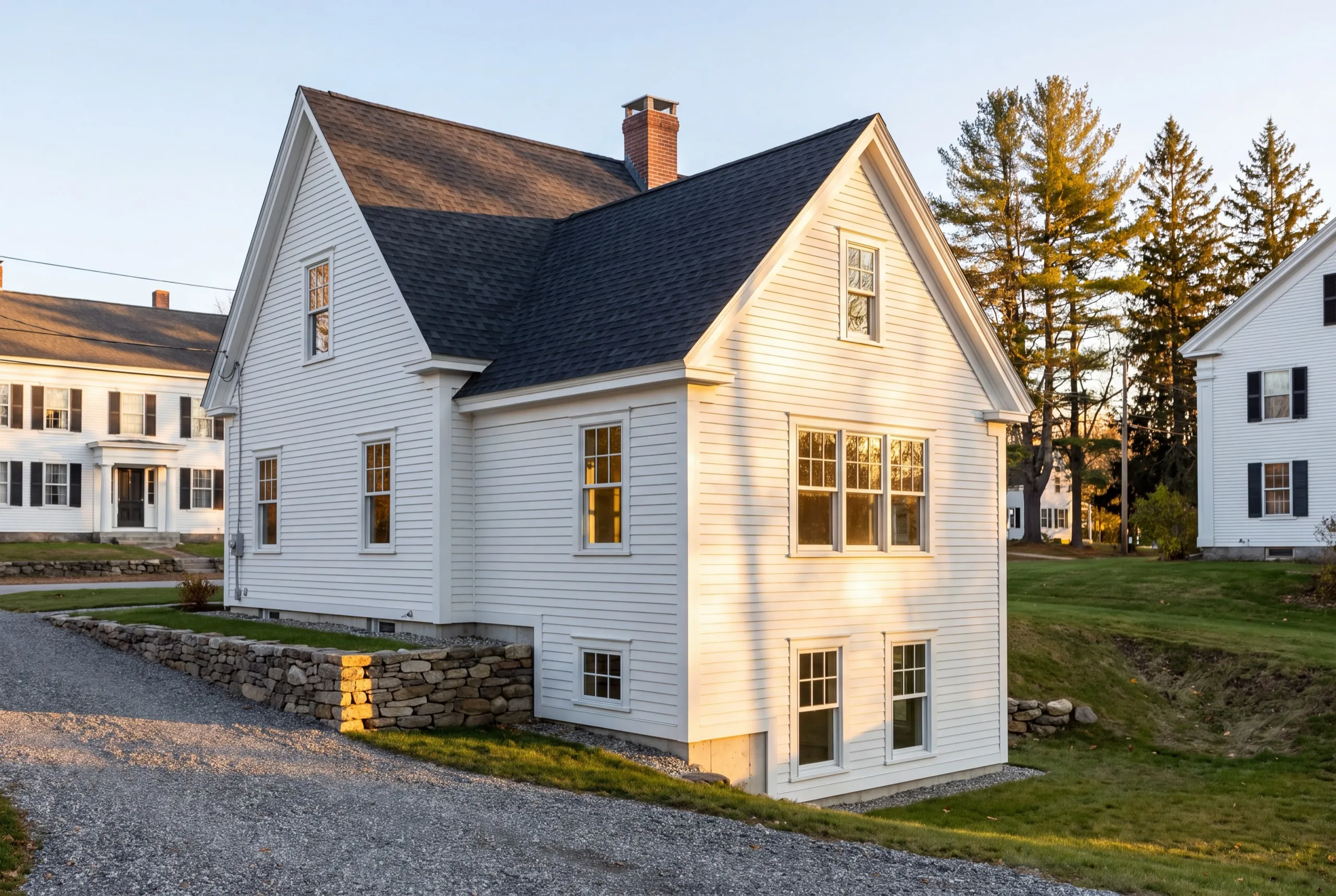 Custom home builder Richmond Maine: new white story-and-a-half house between older white homes on a street