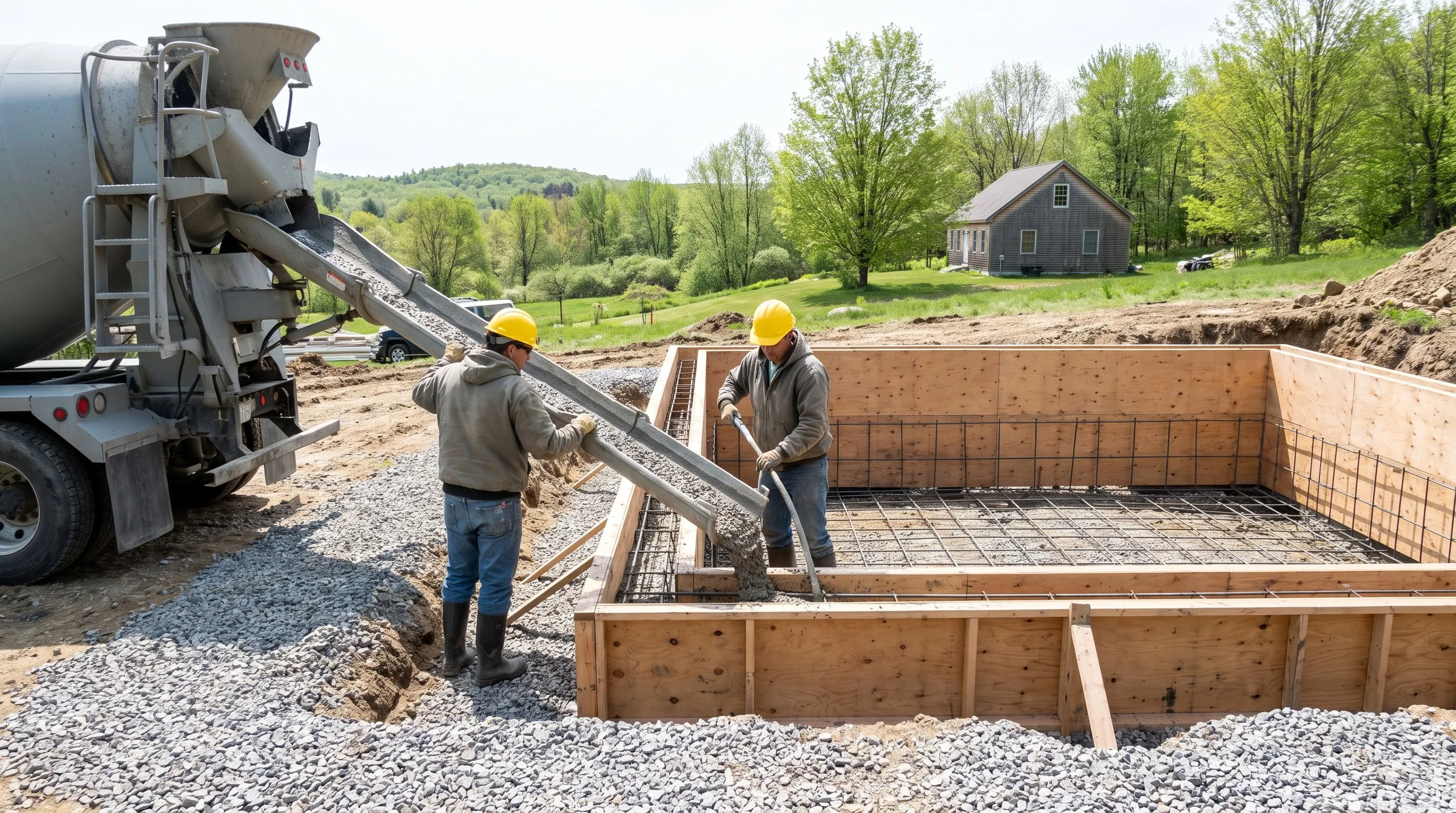 Ready-mix chute pouring concrete into a rebar-lined foundation form as two workers guide and vibrate it, a house behind in Richmond, Maine