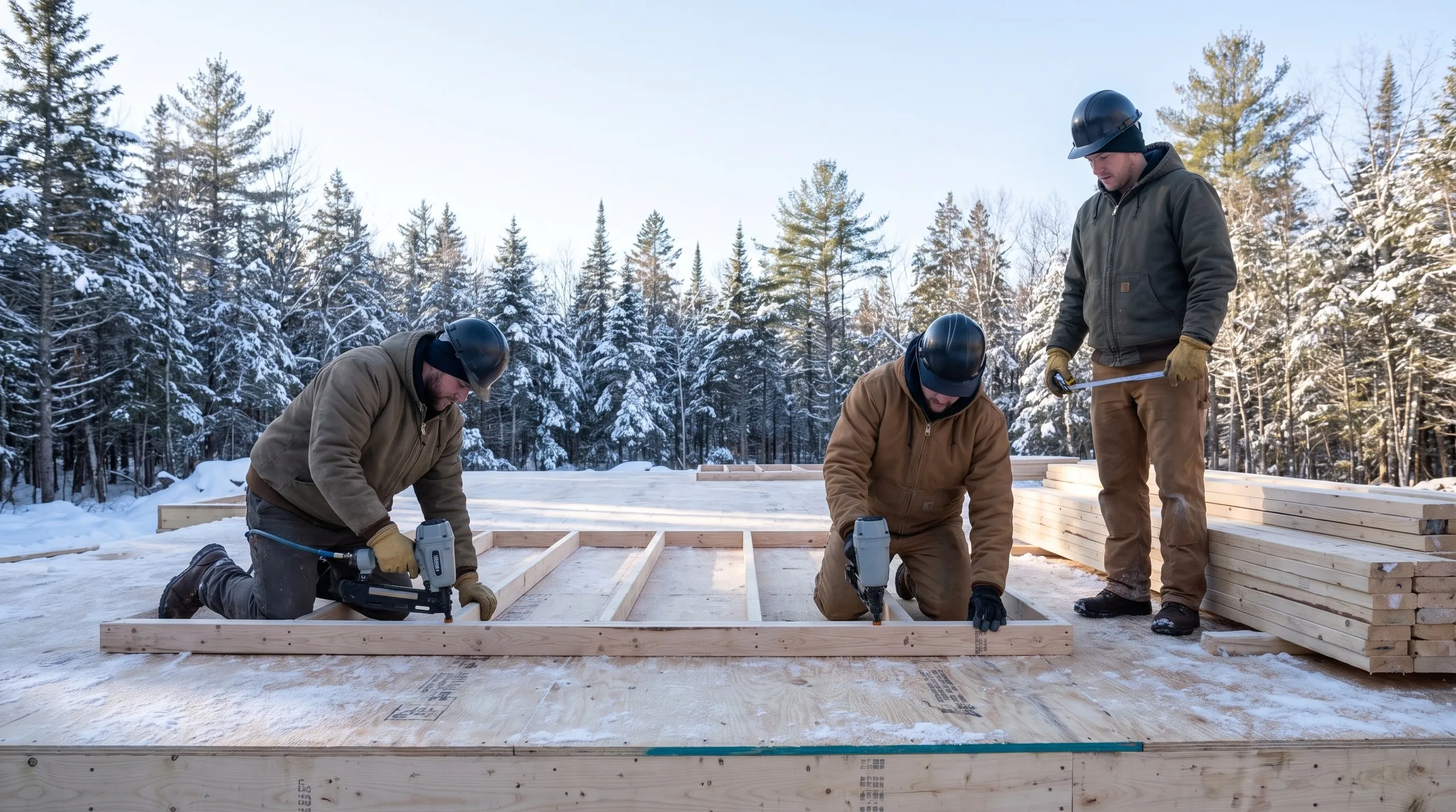 Residential home builder Richmond Maine: two framers nailing a wall frame on a snowy subfloor while a third measures