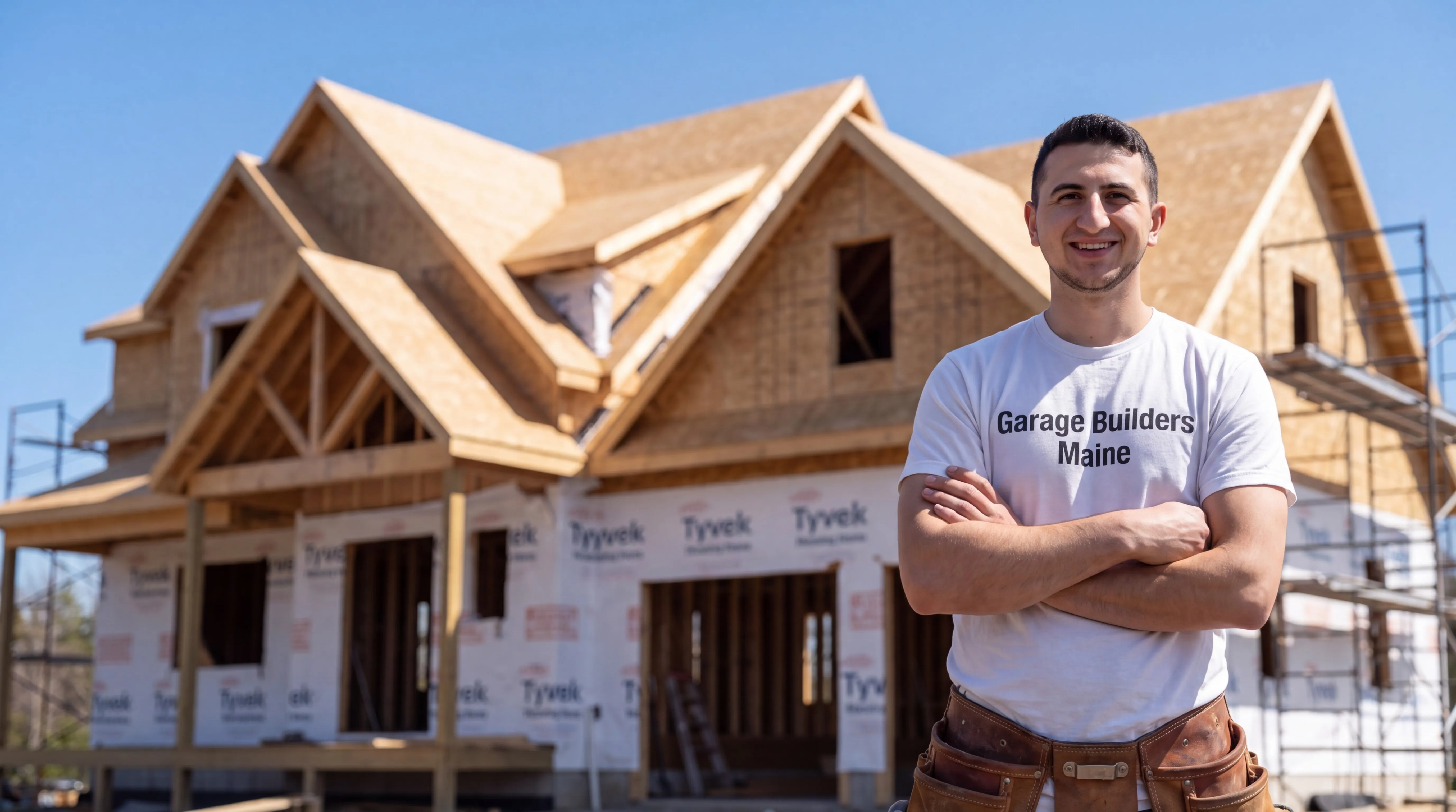 Owner of Garage Builders Maine standing with his arms crossed and smiling at a Maine job site