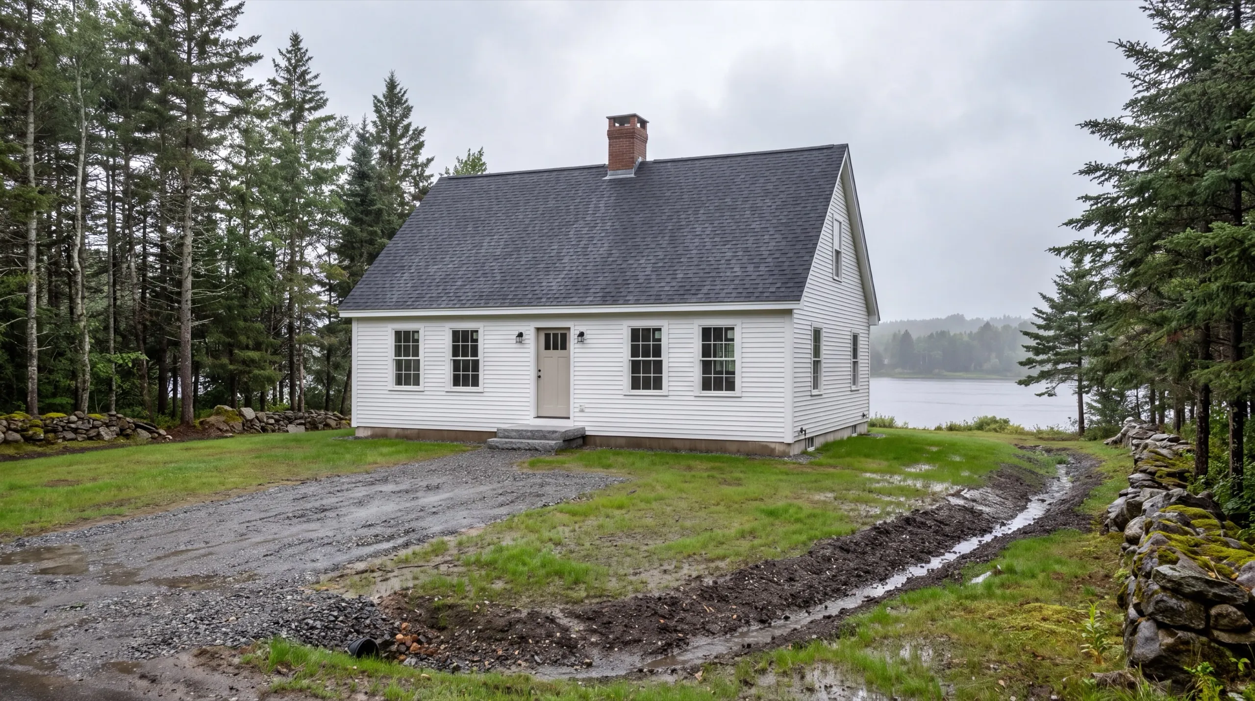 New home builder Richmond Maine: finished white cape with lap siding and a center chimney by a lake
