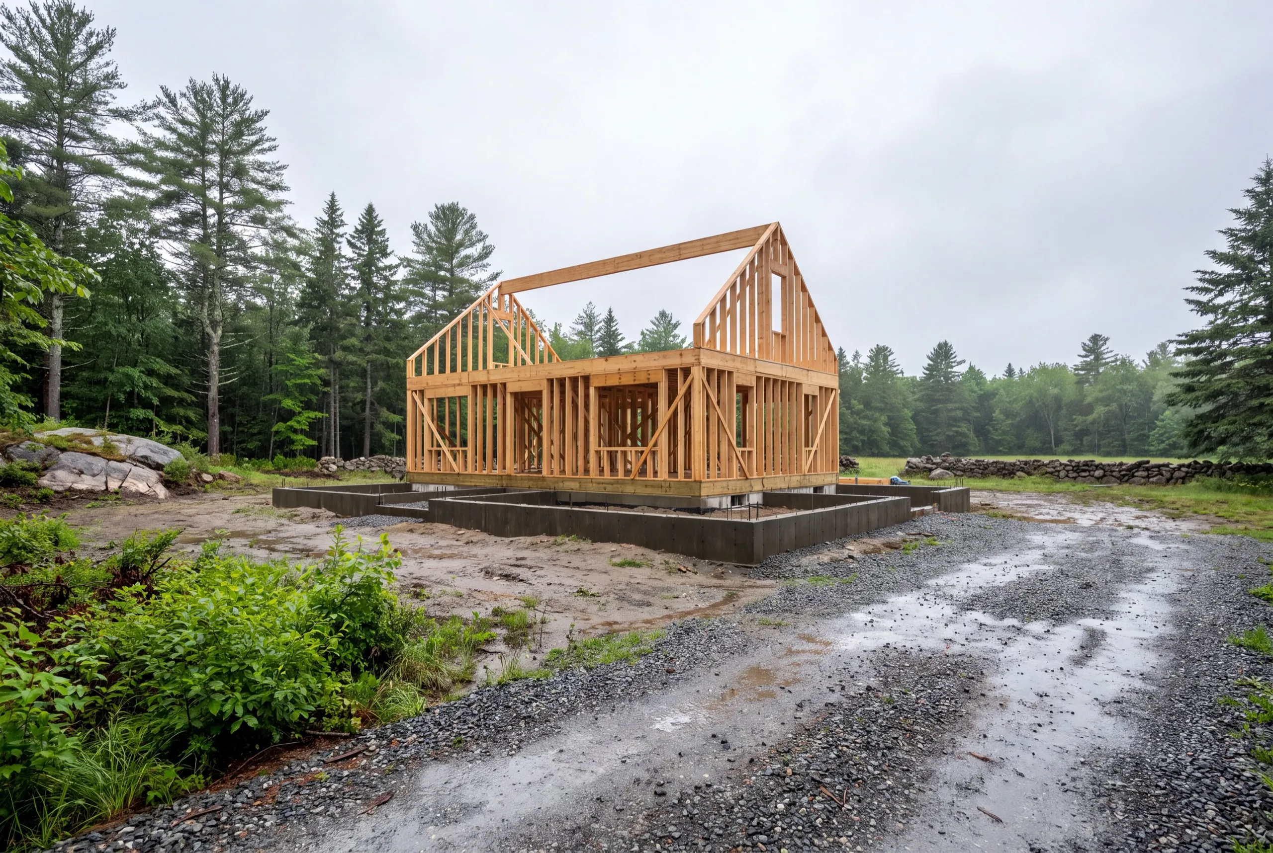 New home builder Central Maine: house wall framing with gable ends standing, foundation walls in front