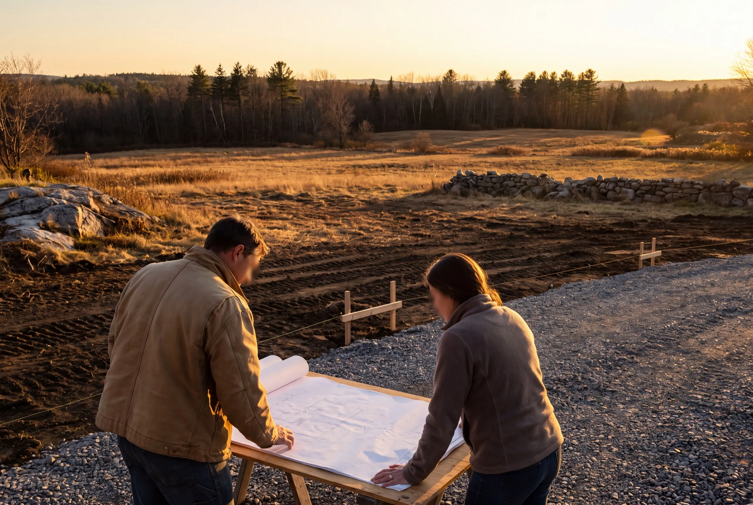 Two people reviewing plans on a sawhorse table at a staked field site in Sidney, Maine