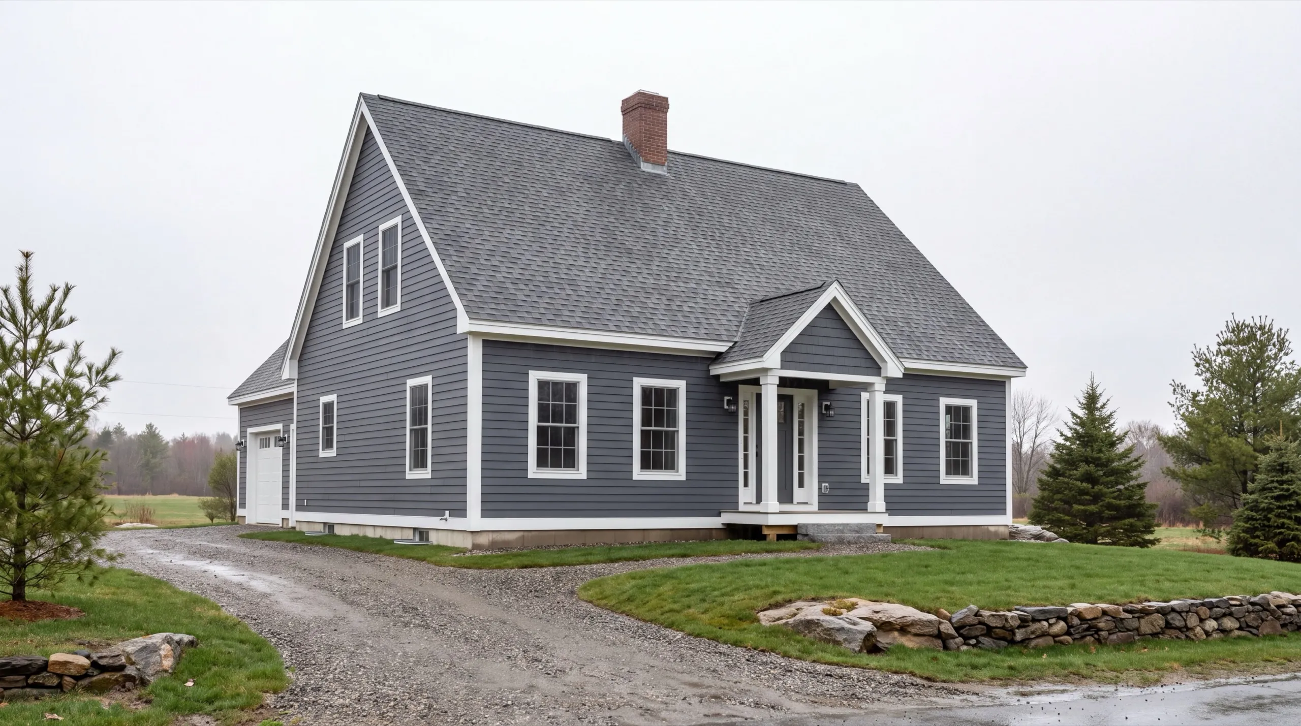 Custom home builder Sidney Maine: finished gray cape with a gabled entry and attached garage on a gravel drive
